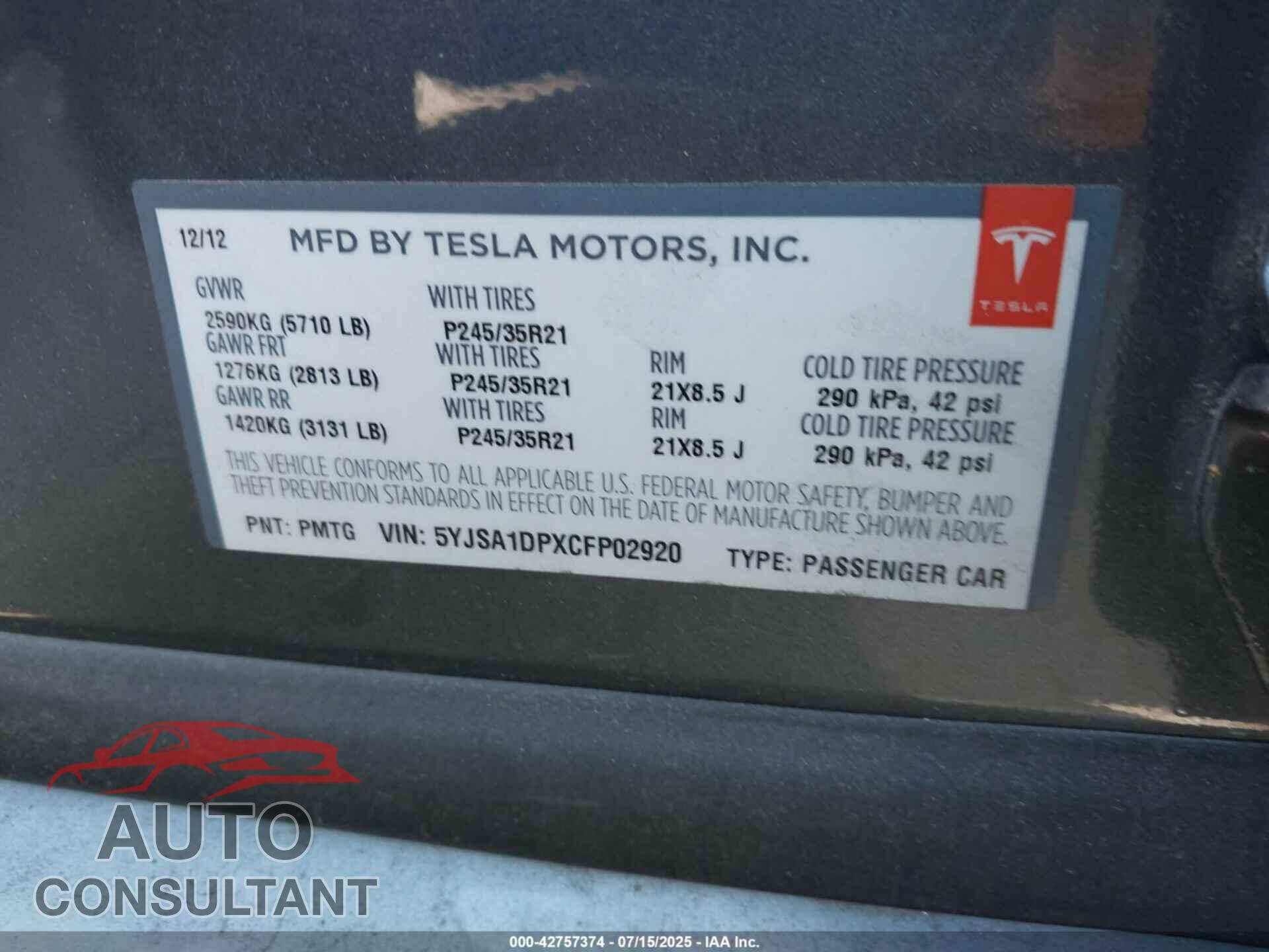 TESLA MODEL S 2012 - 5YJSA1DPXCFP02920