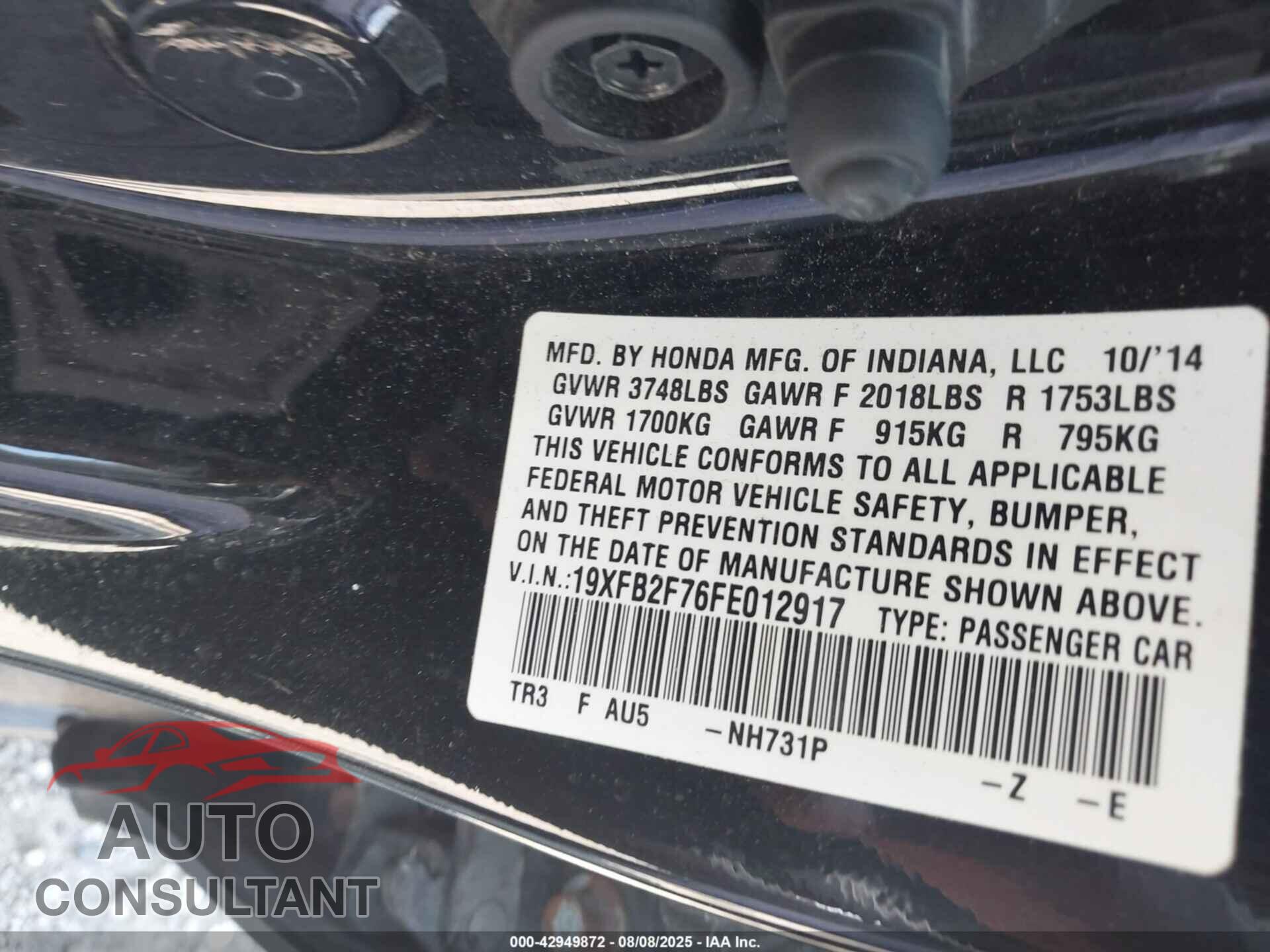 HONDA CIVIC 2015 - 19XFB2F76FE012917