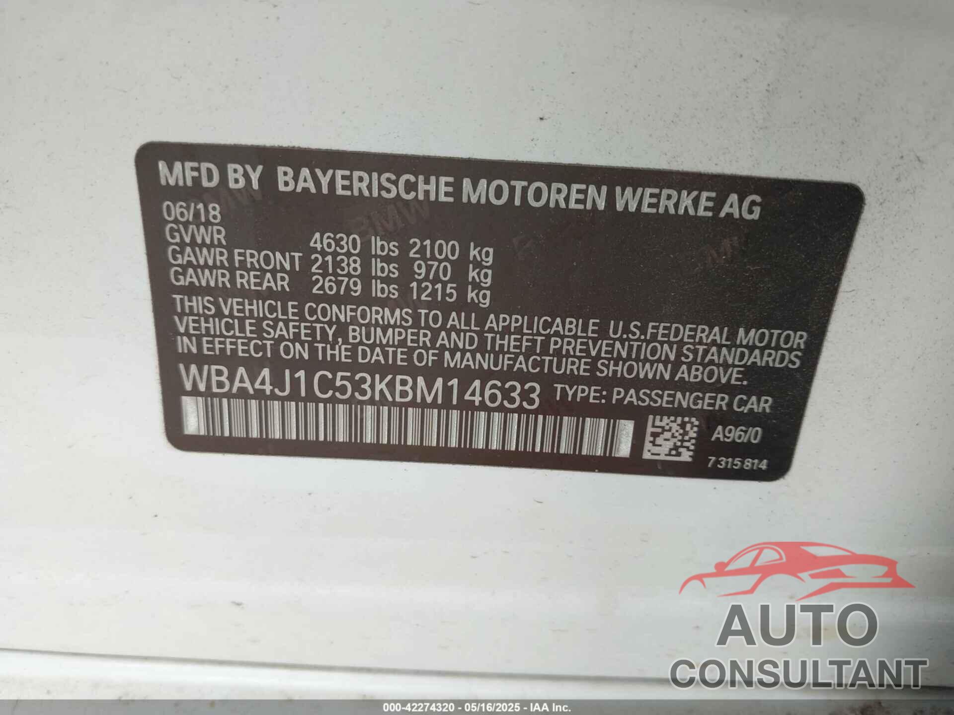 BMW 430I GRAN COUPE 2019 - WBA4J1C53KBM14633