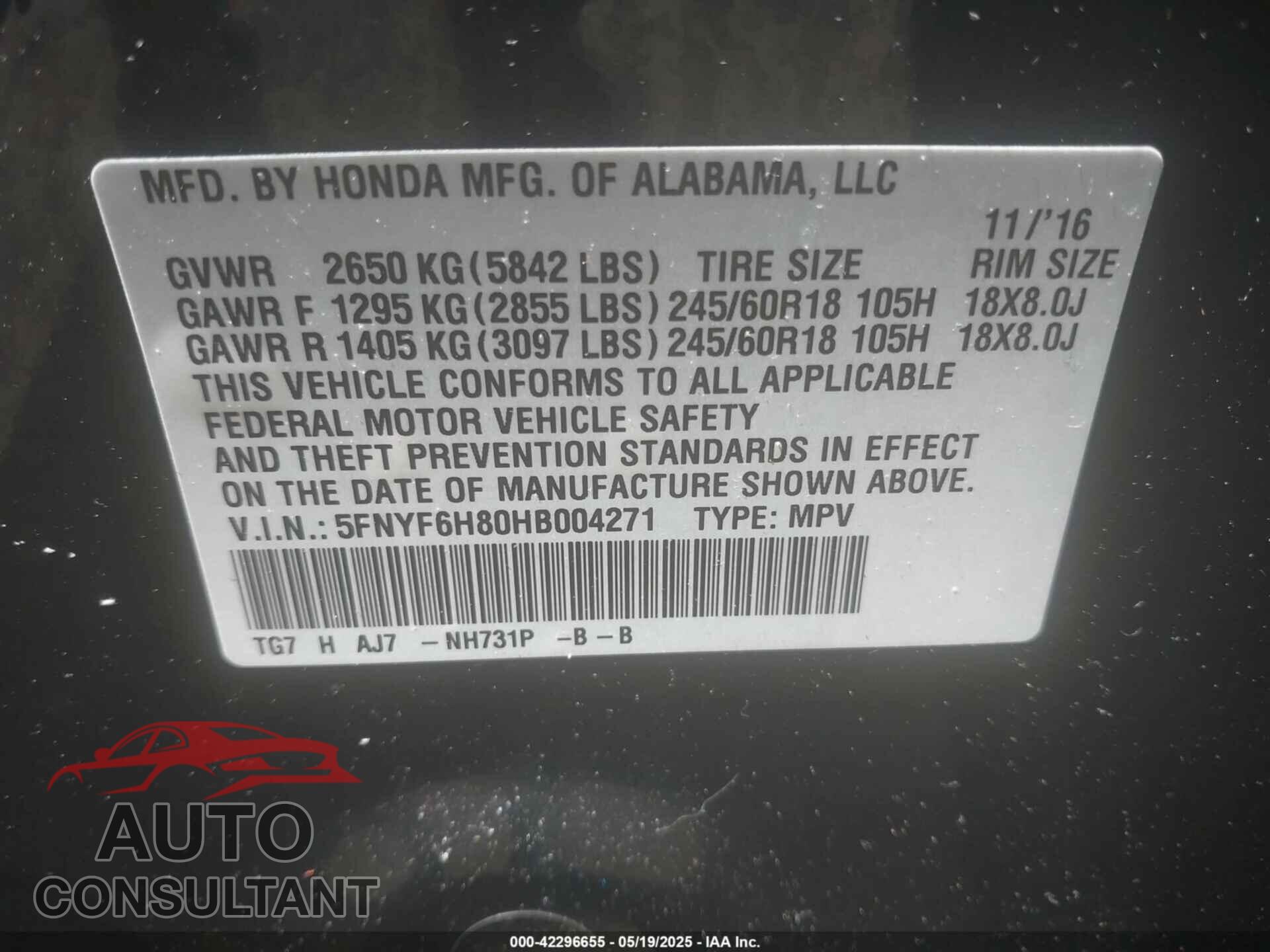 HONDA PILOT 2017 - 5FNYF6H80HB004271