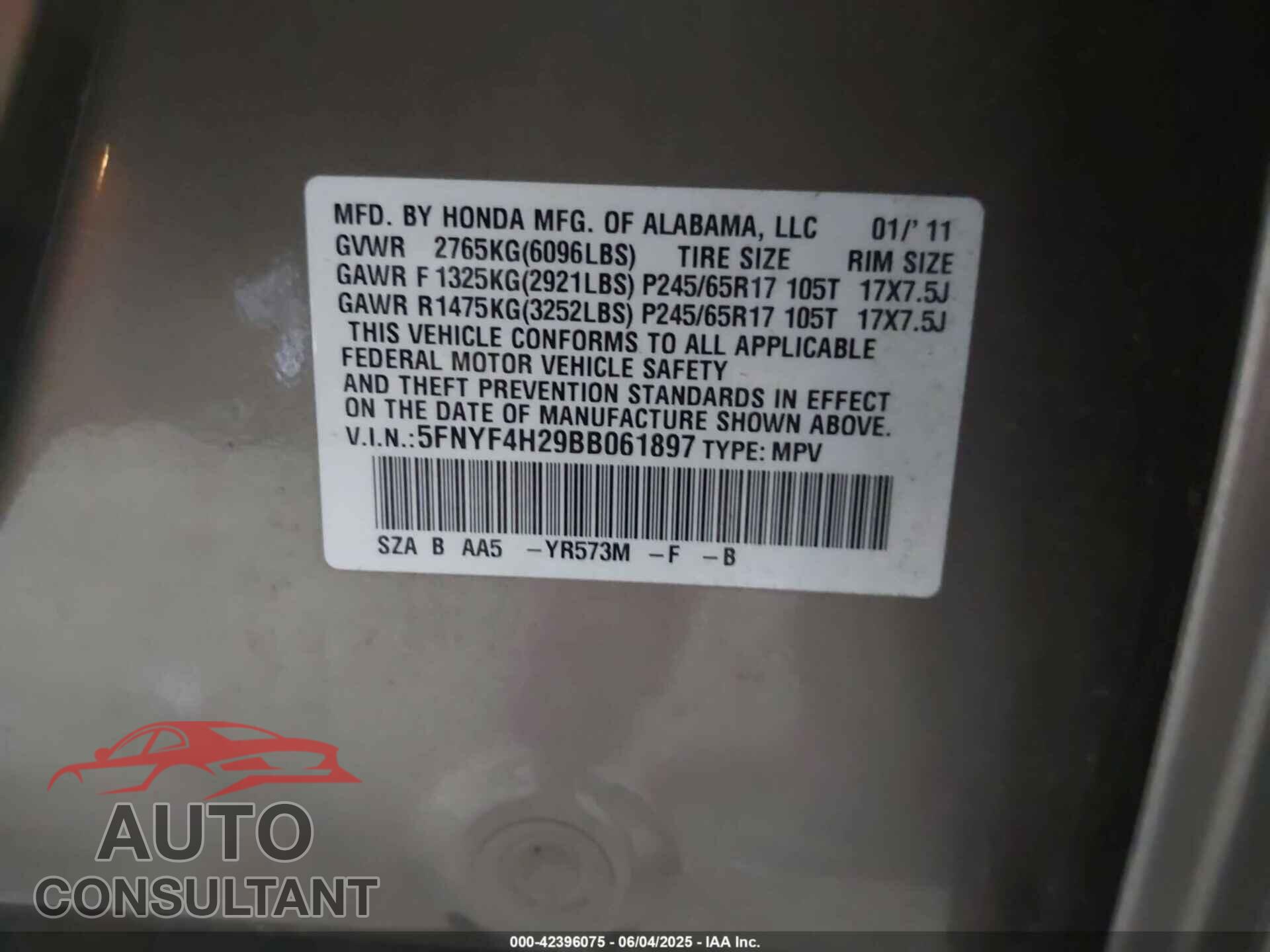 HONDA PILOT 2011 - 5FNYF4H29BB061897