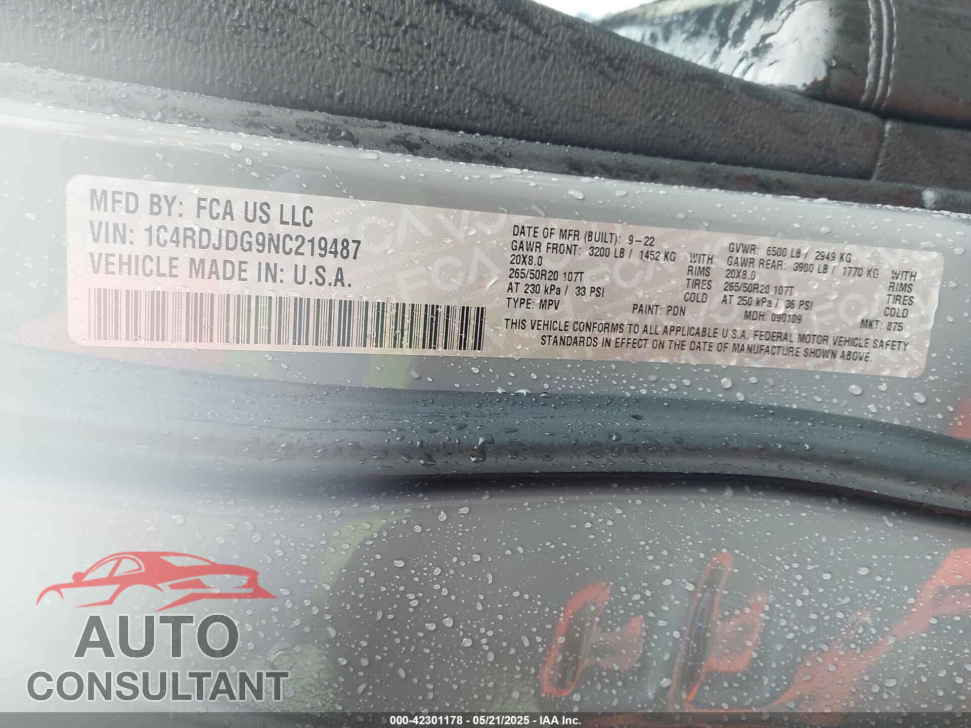 DODGE DURANGO 2022 - 1C4RDJDG9NC219487