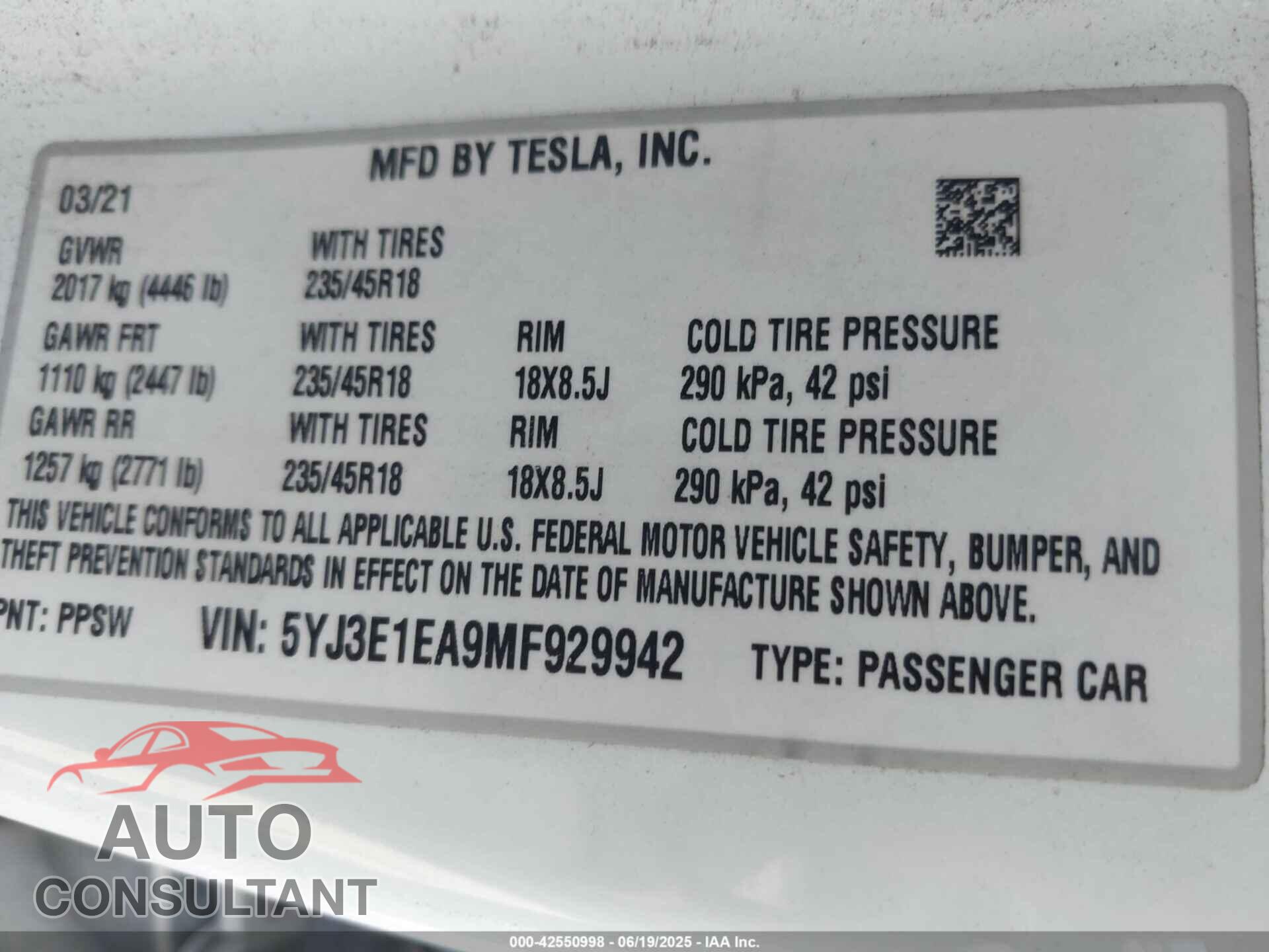 TESLA MODEL 3 2021 - 5YJ3E1EA9MF929942
