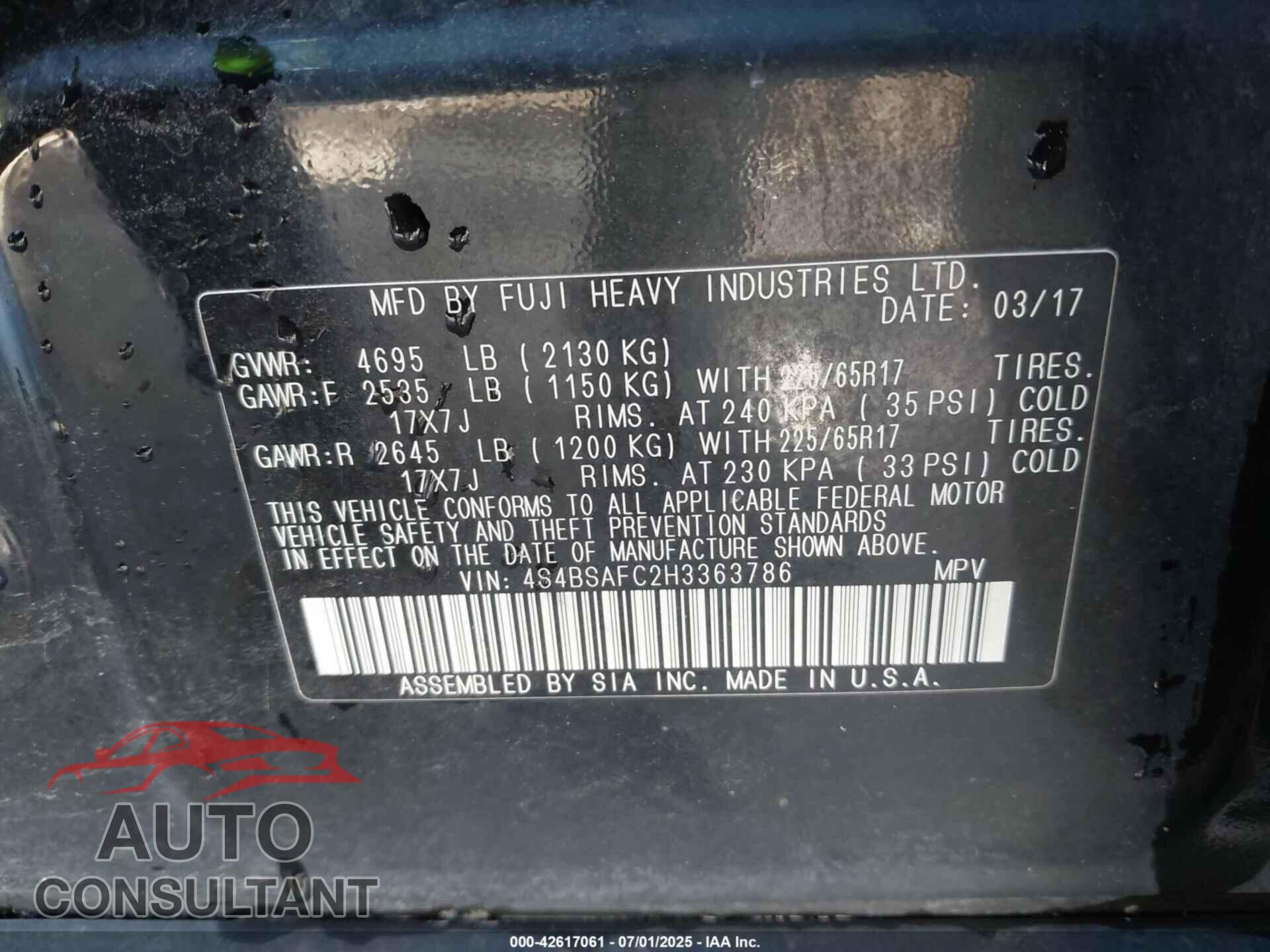 SUBARU OUTBACK 2017 - 4S4BSAFC2H3363786