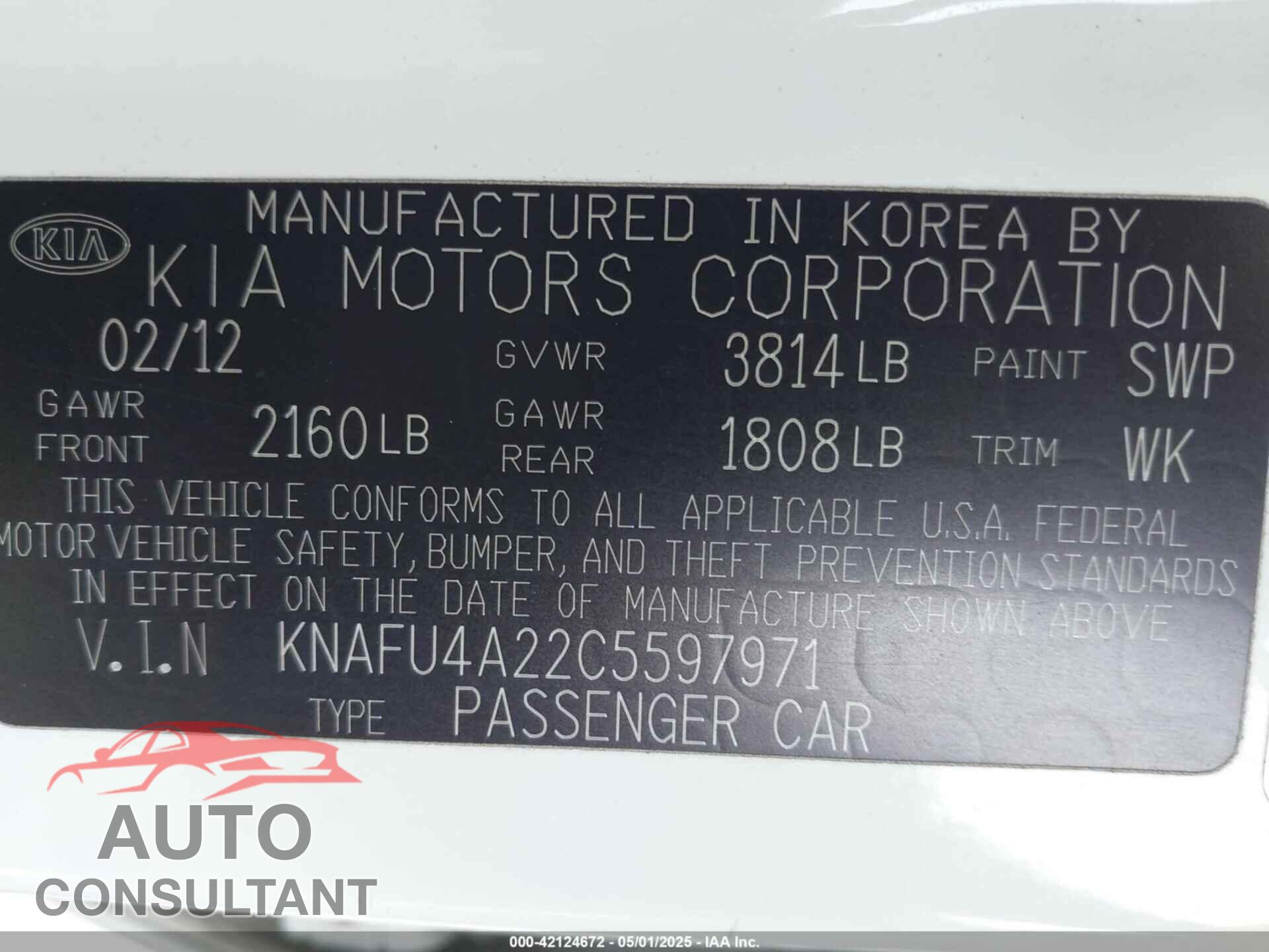 KIA FORTE 2012 - KNAFU4A22C5597971
