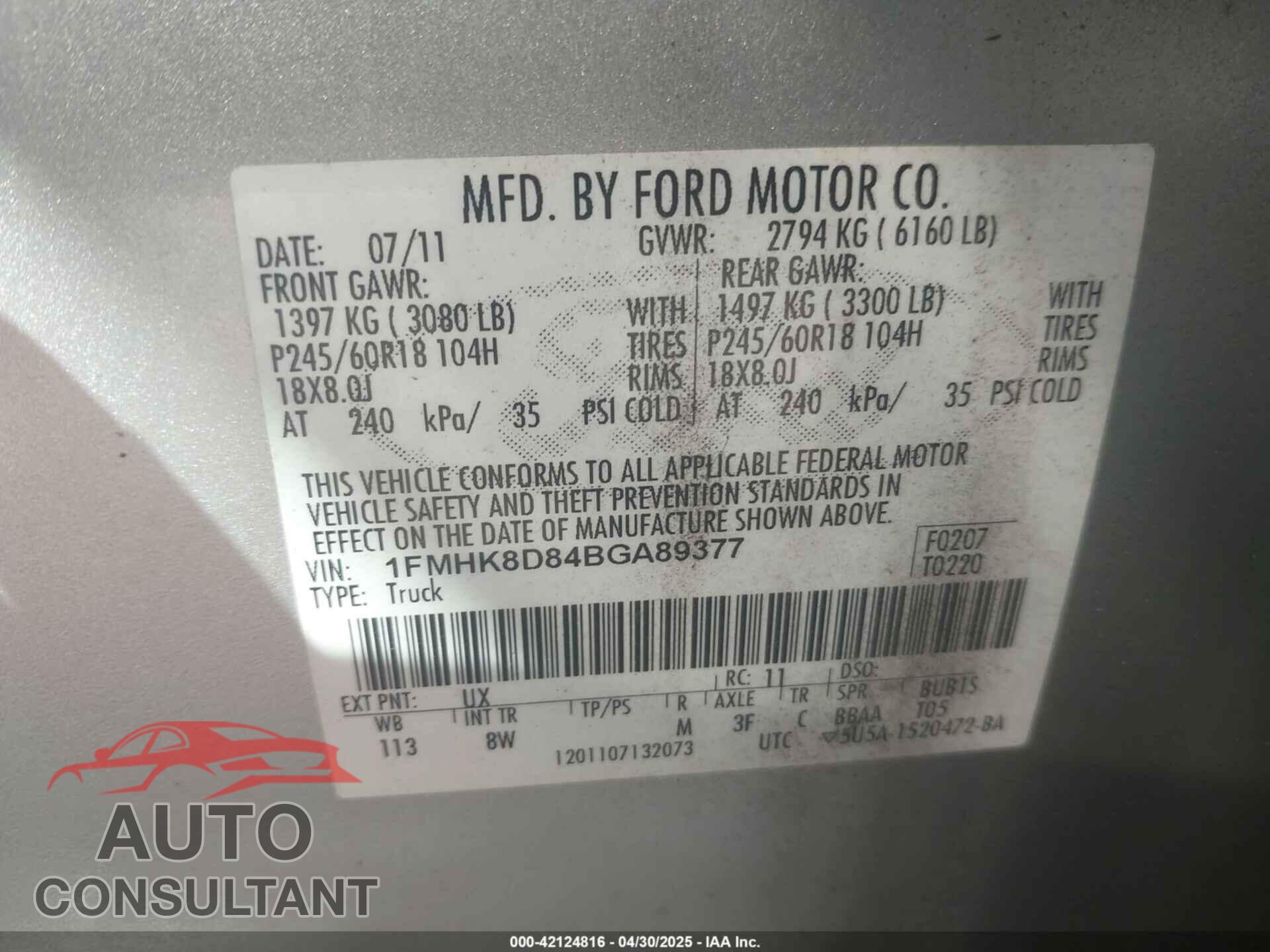 FORD EXPLORER 2011 - 1FMHK8D84BGA89377