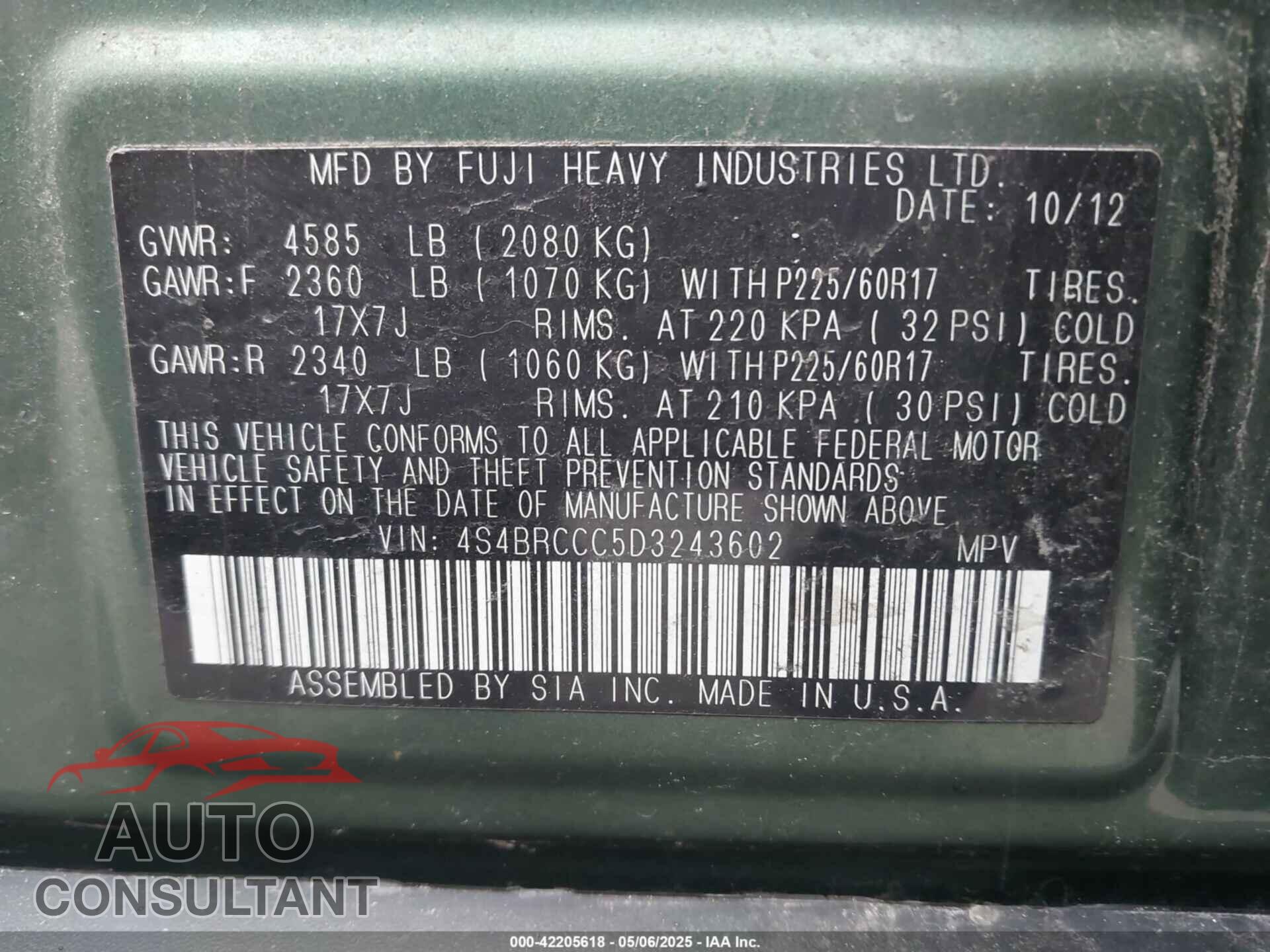 SUBARU OUTBACK 2013 - 4S4BRCCC5D3243602