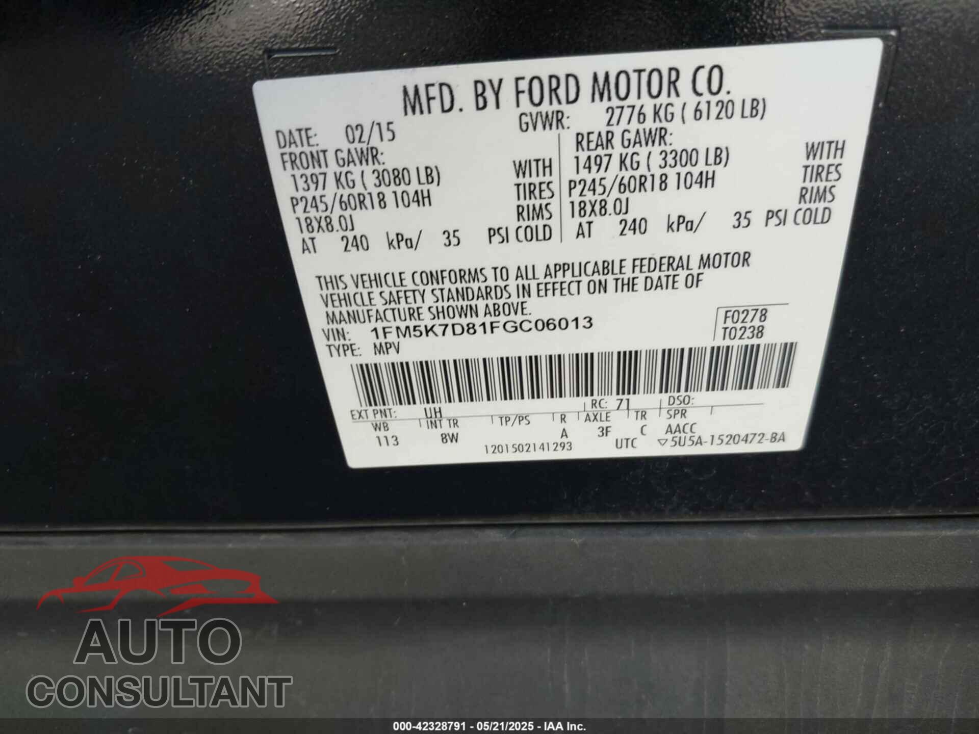 FORD EXPLORER 2015 - 1FM5K7D81FGC06013