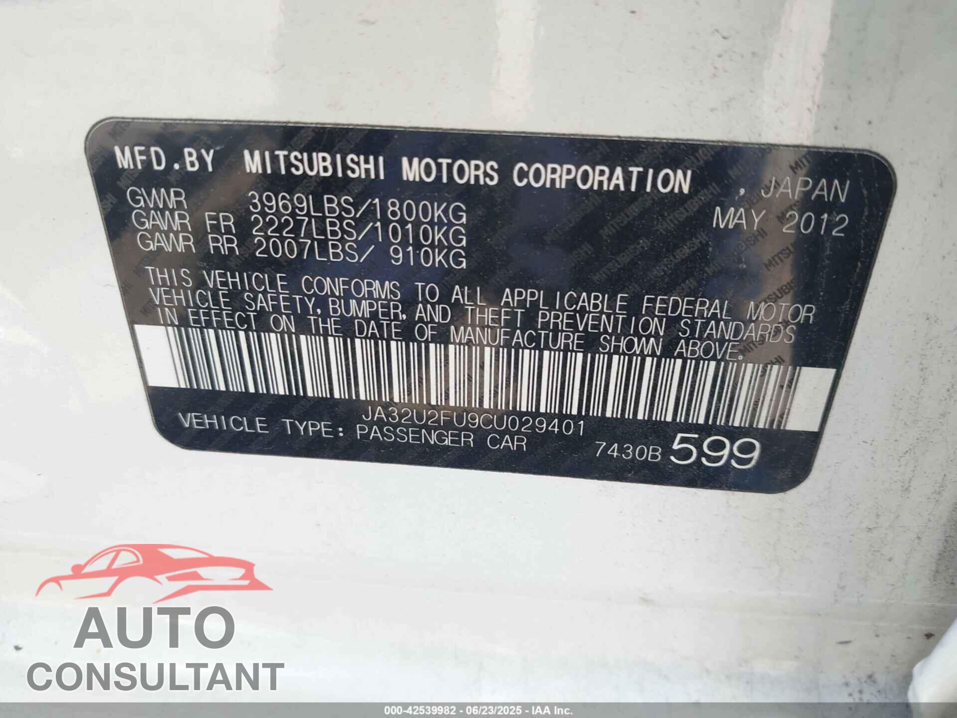 MITSUBISHI LANCER 2012 - JA32U2FU9CU029401