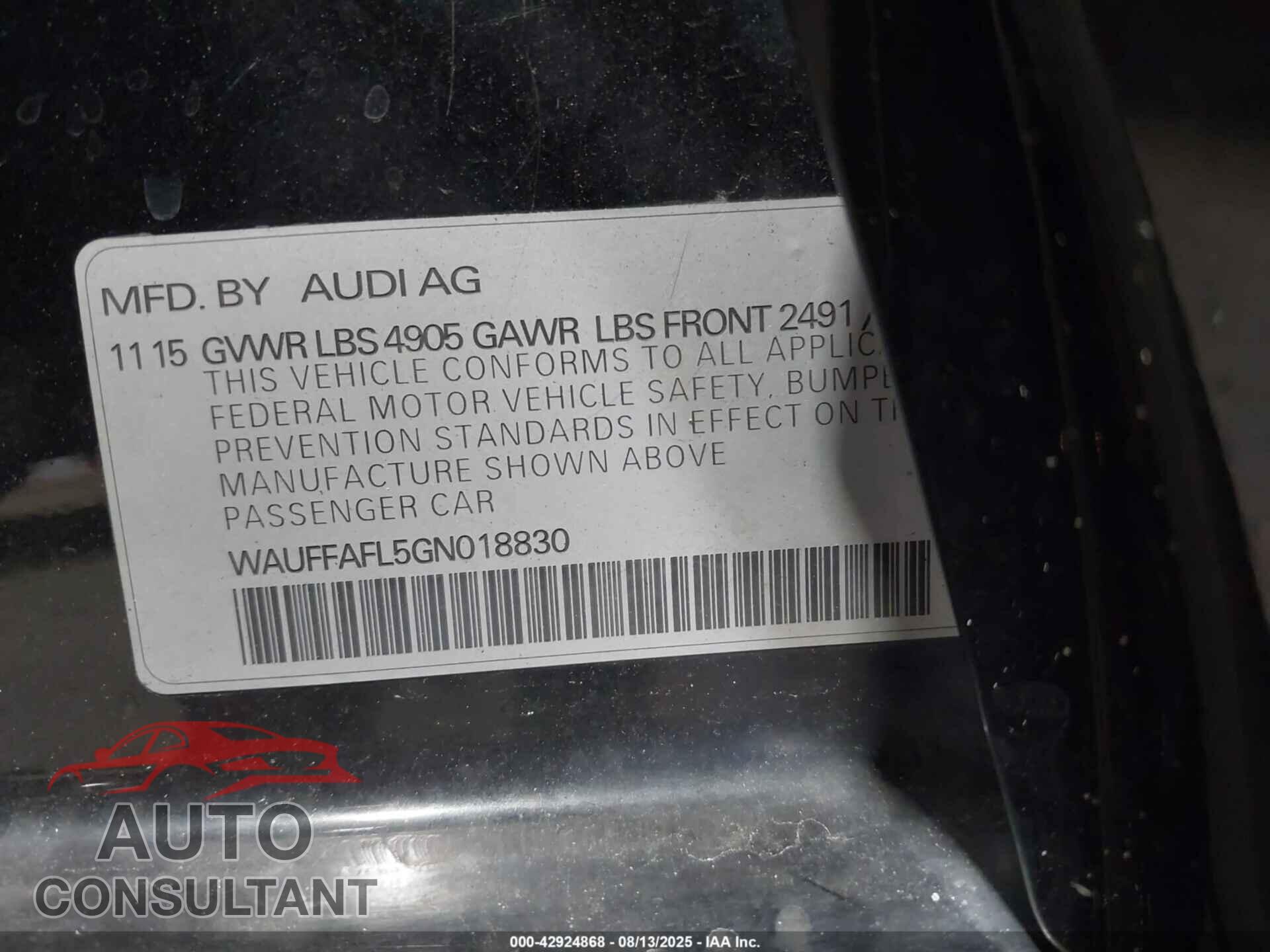 AUDI A4 2016 - WAUFFAFL5GN018830