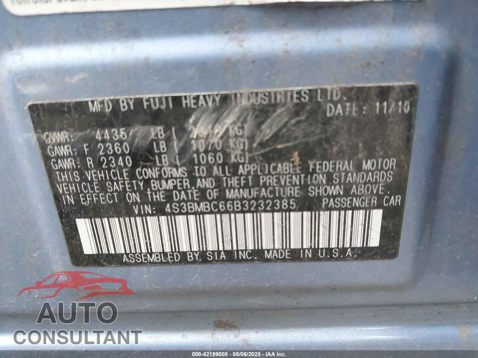 SUBARU LEGACY 2011 - 4S3BMBC66B3232385