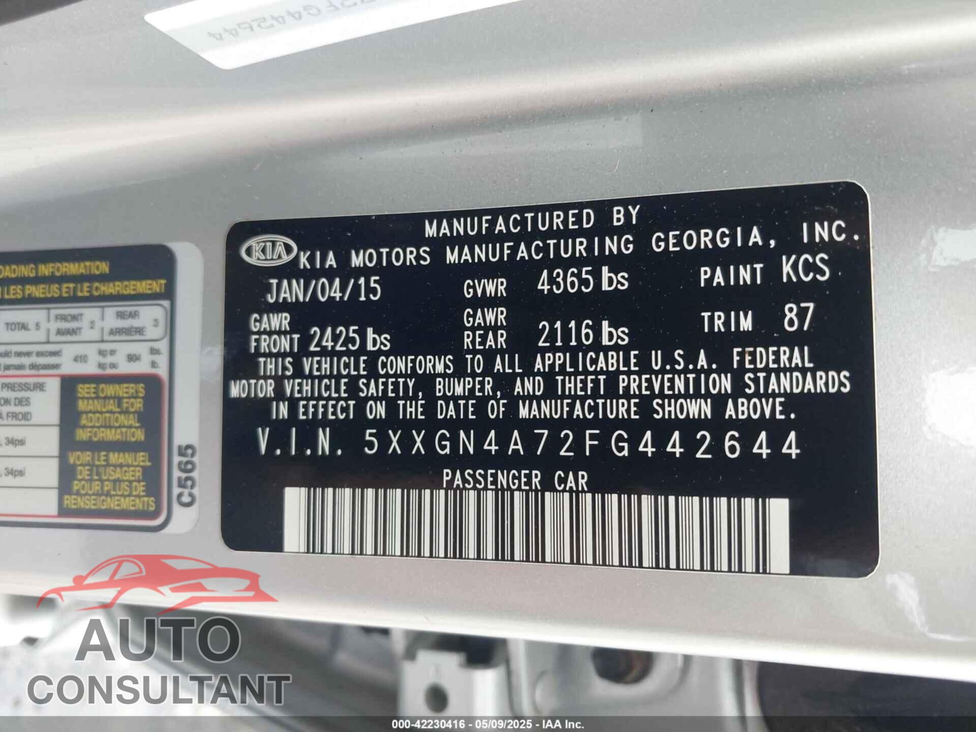 KIA OPTIMA 2015 - 5XXGN4A72FG442644