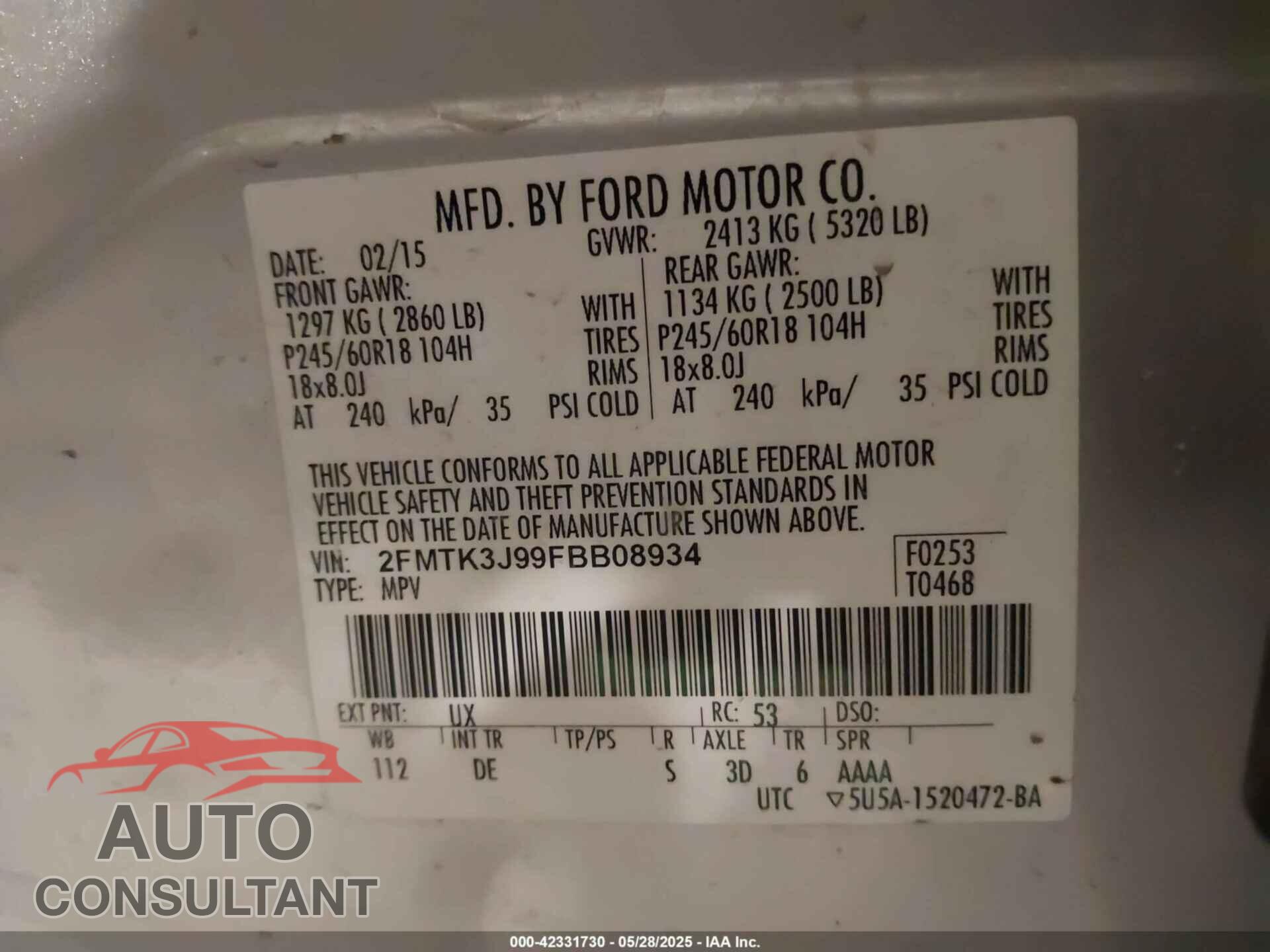 FORD EDGE 2015 - 2FMTK3J99FBB08934