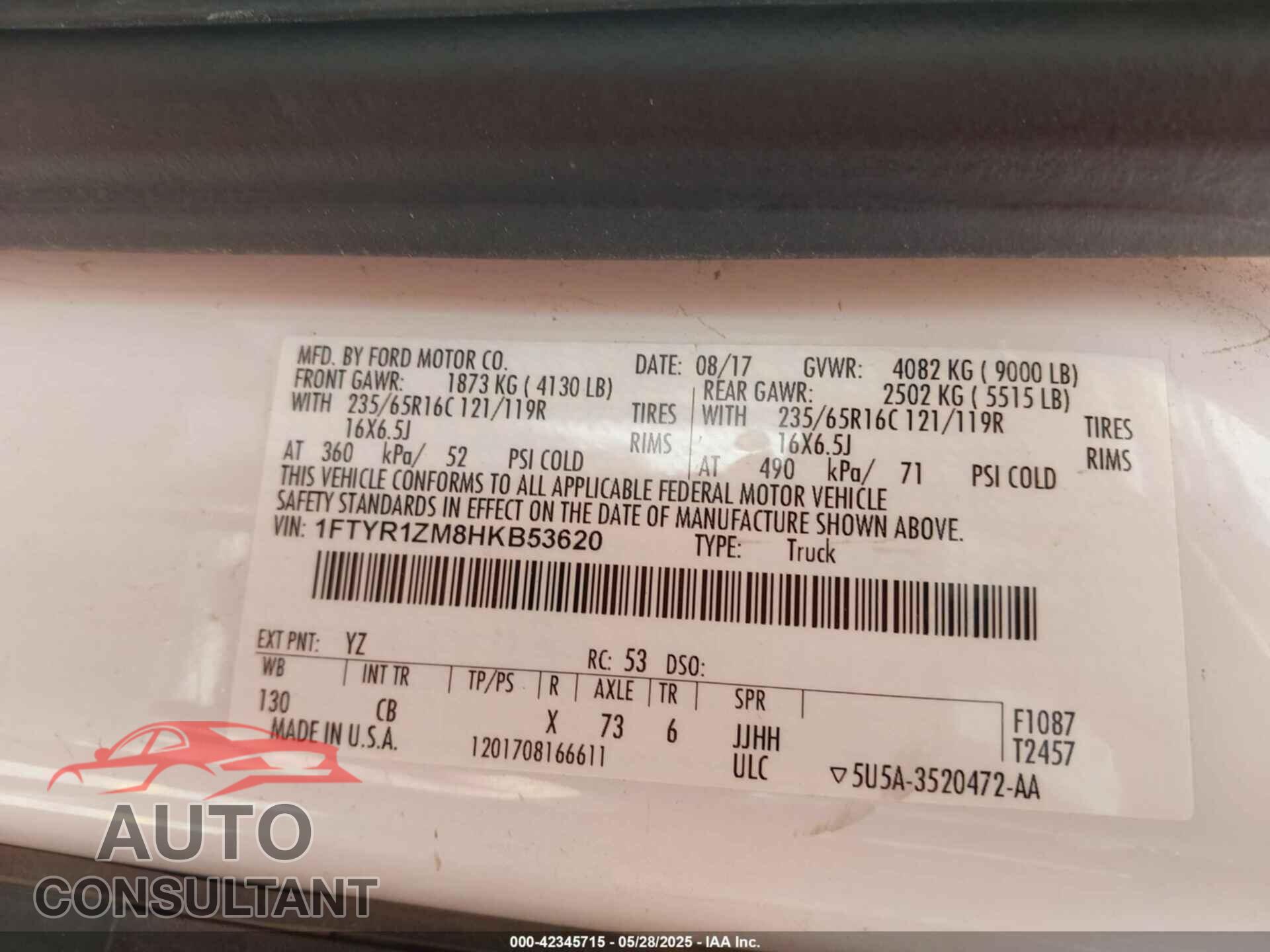 FORD TRANSIT-250 2017 - 1FTYR1ZM8HKB53620