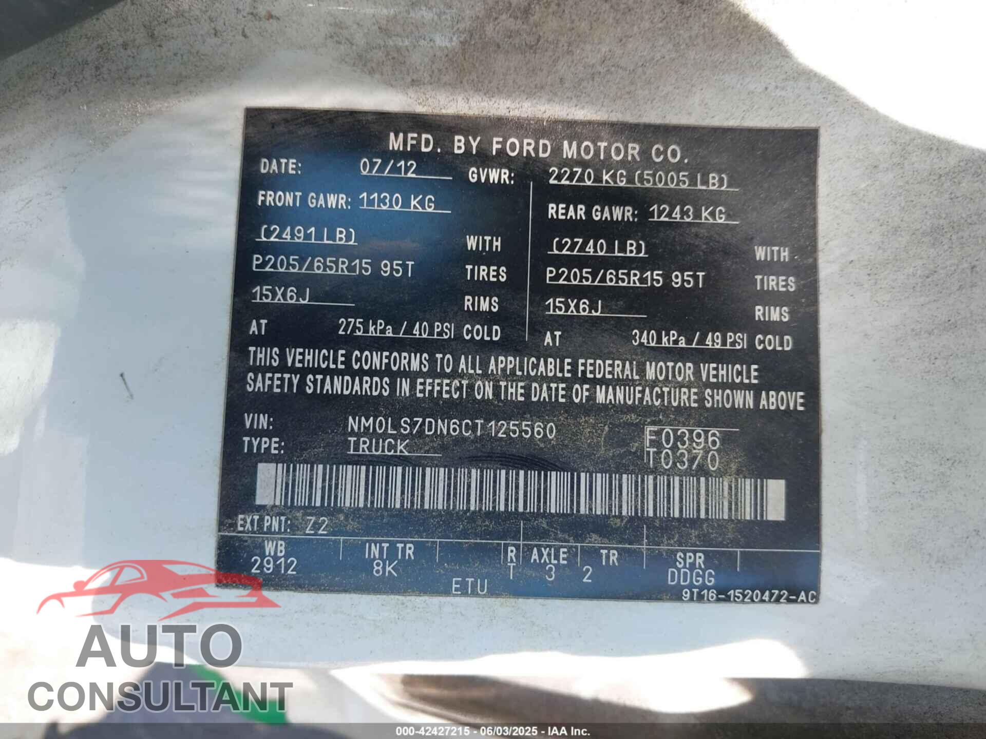 FORD TRANSIT CONNECT 2012 - NM0LS7DN6CT125560