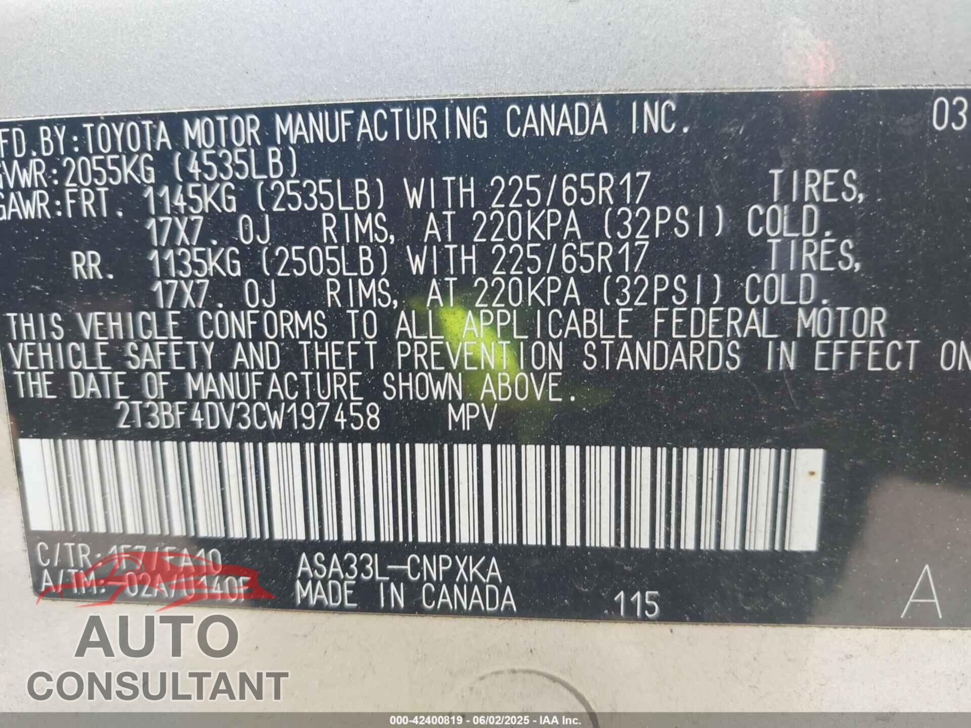 TOYOTA RAV4 2012 - 2T3BF4DV3CW197458