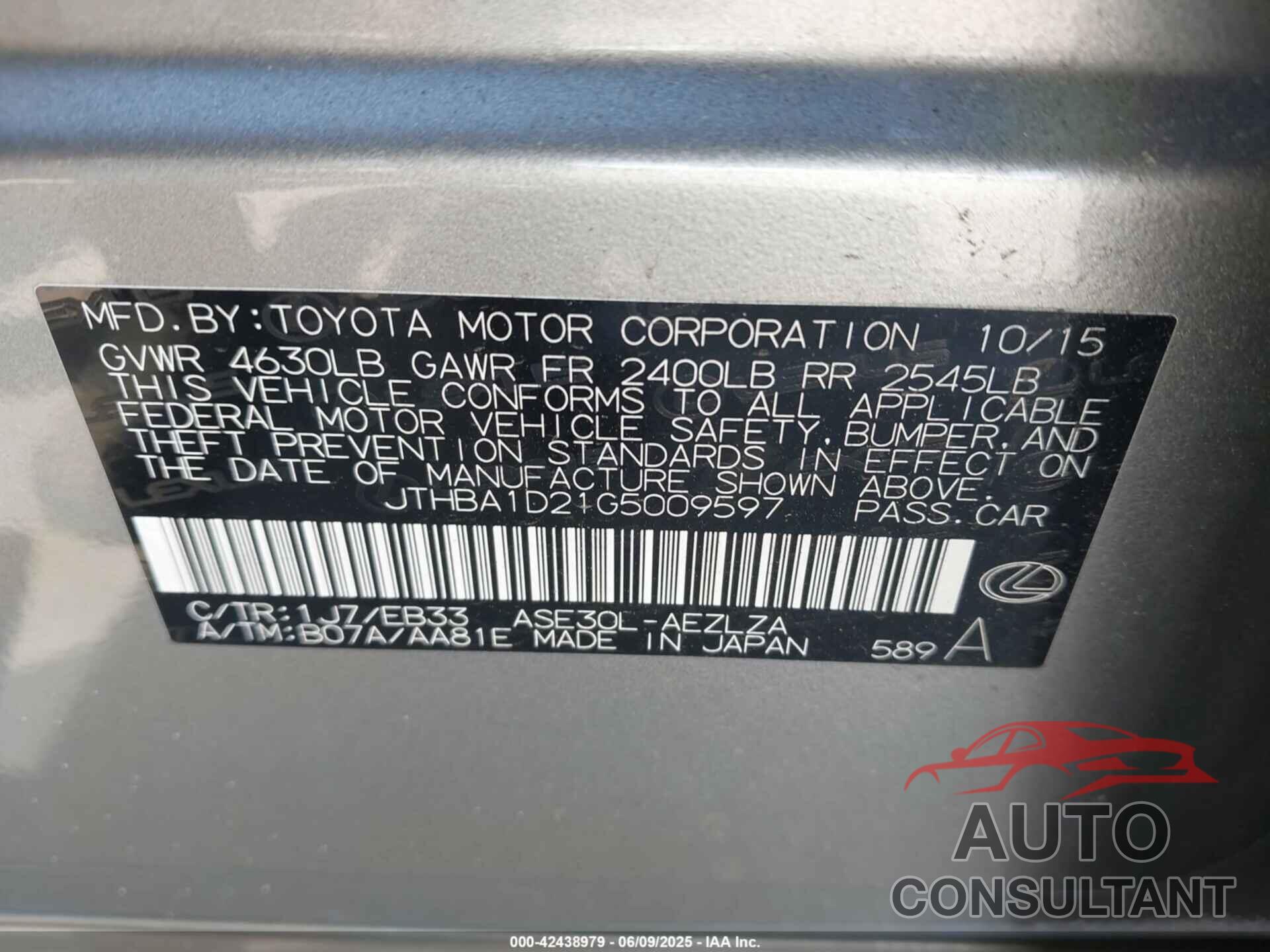 LEXUS IS 200T 2016 - JTHBA1D21G5009597
