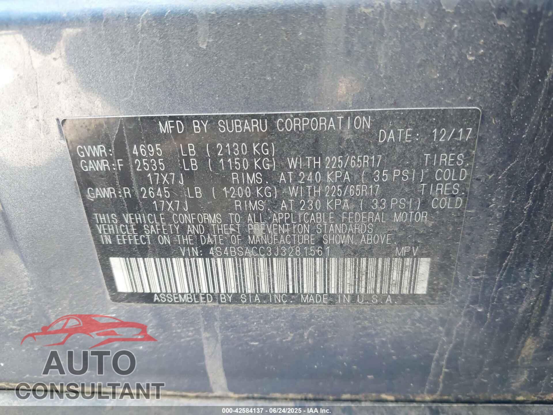 SUBARU OUTBACK 2018 - 4S4BSACC3J3281561