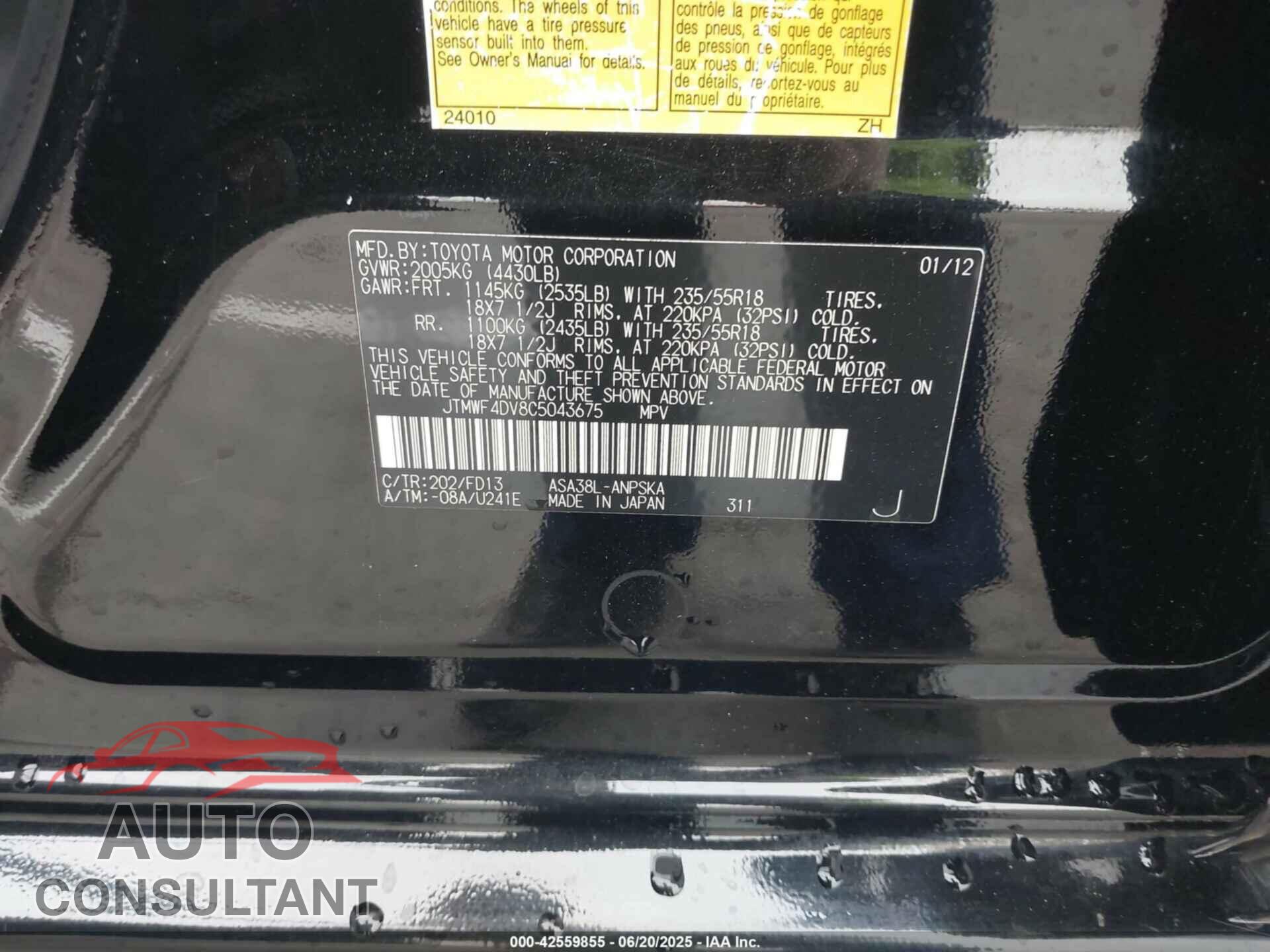 TOYOTA RAV4 2012 - JTMWF4DV8C5043675