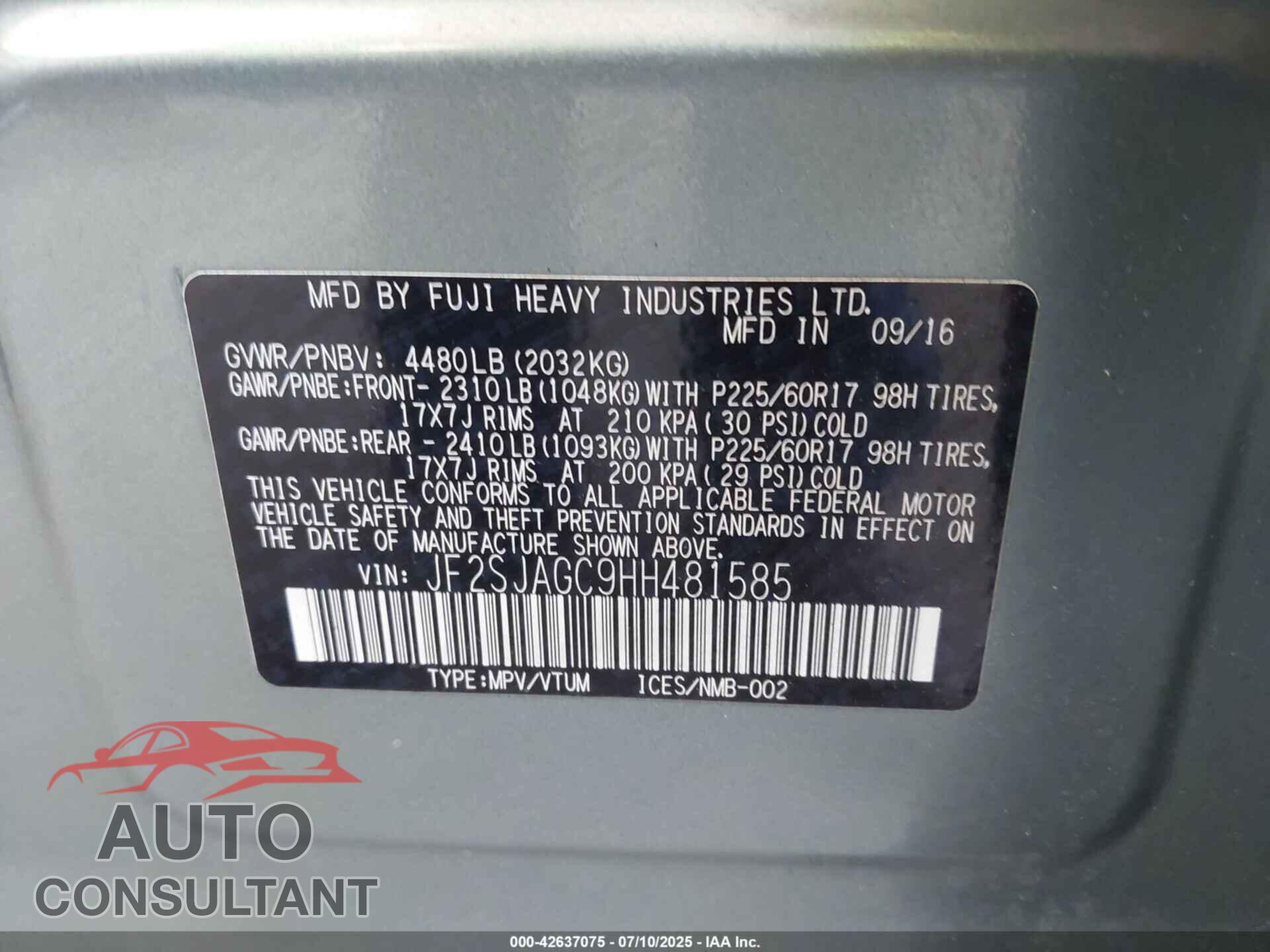 SUBARU FORESTER 2017 - JF2SJAGC9HH481585