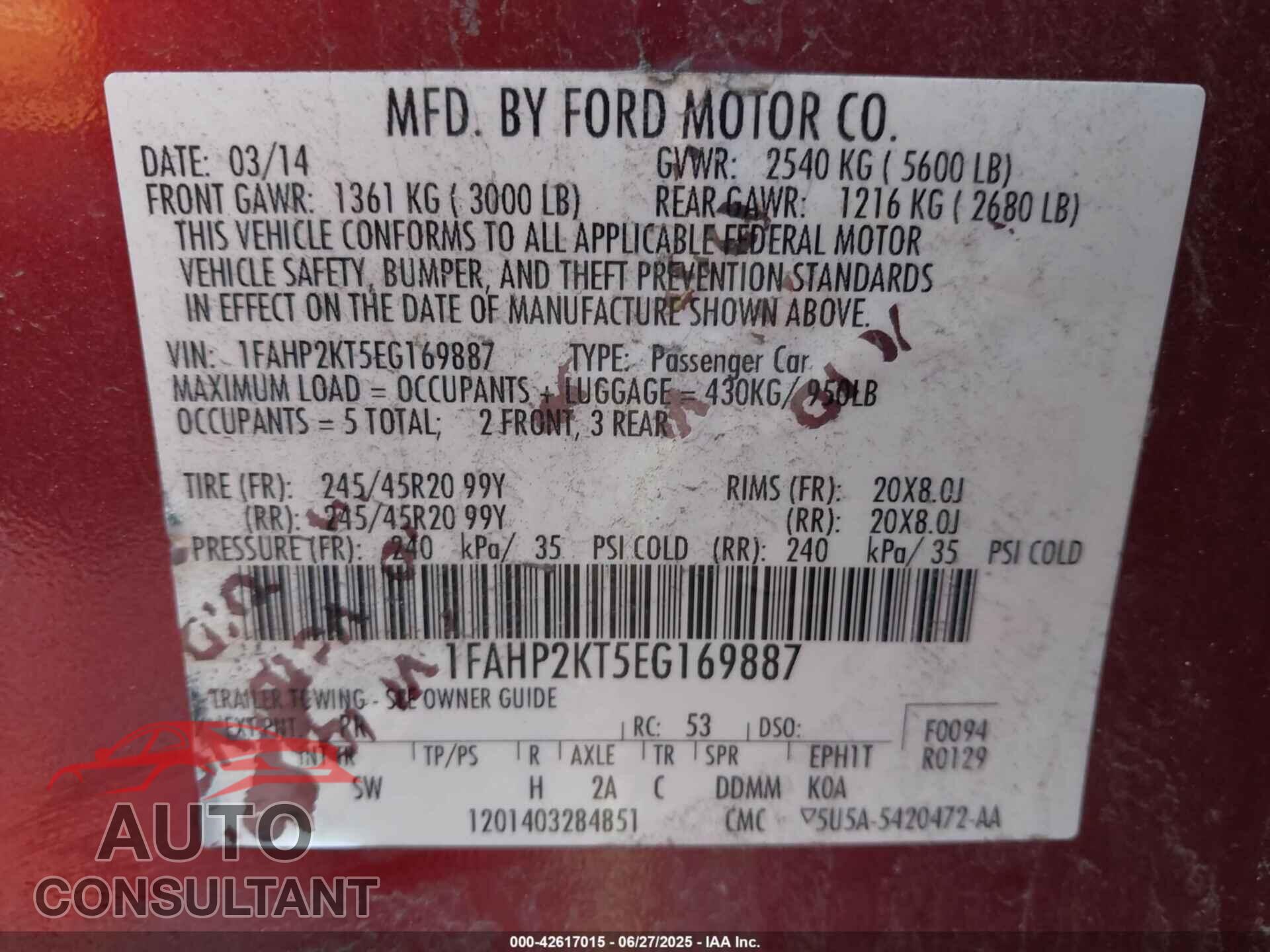 FORD TAURUS 2014 - 1FAHP2KT5EG169887