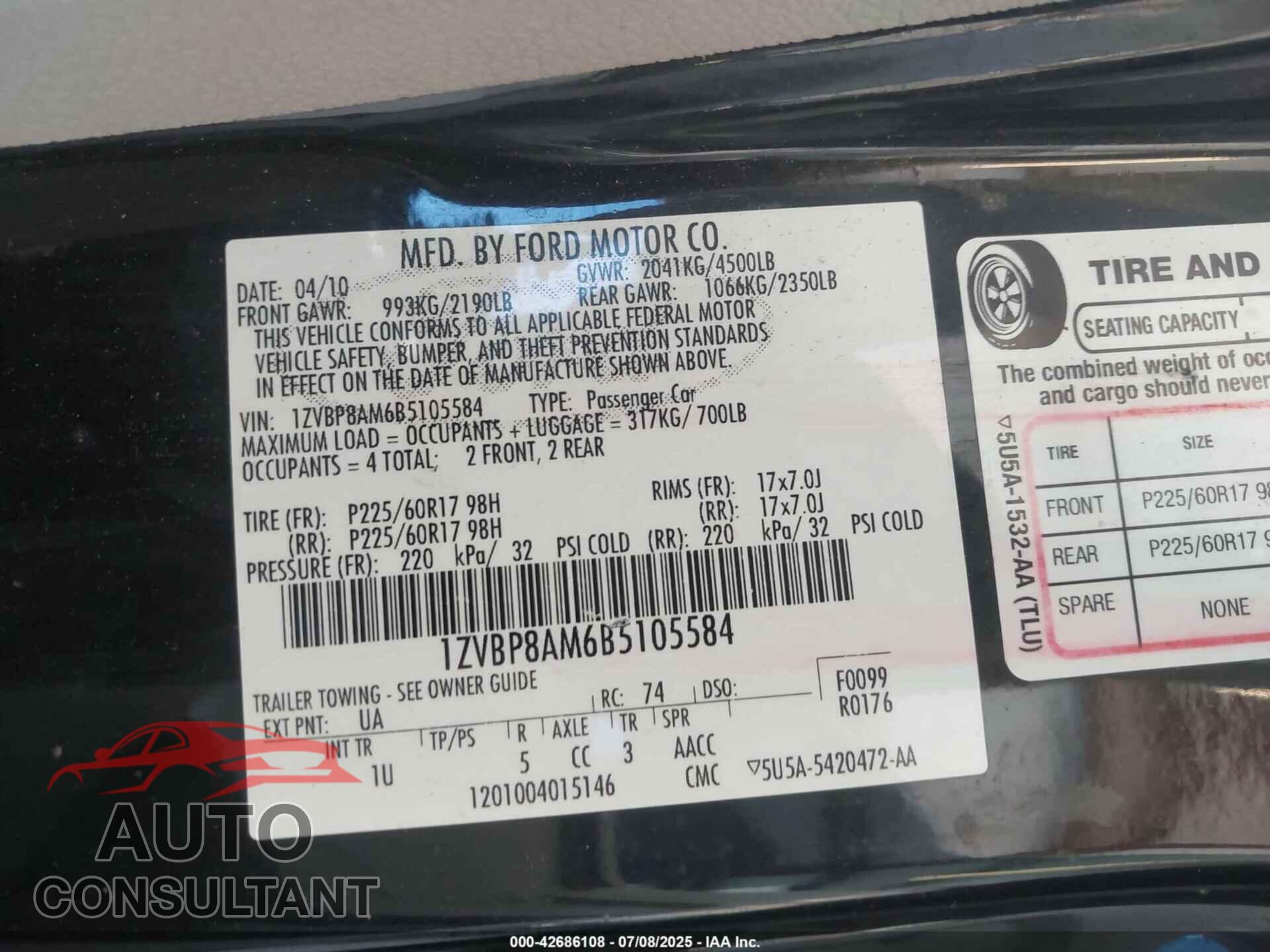 FORD MUSTANG 2011 - 1ZVBP8AM6B5105584