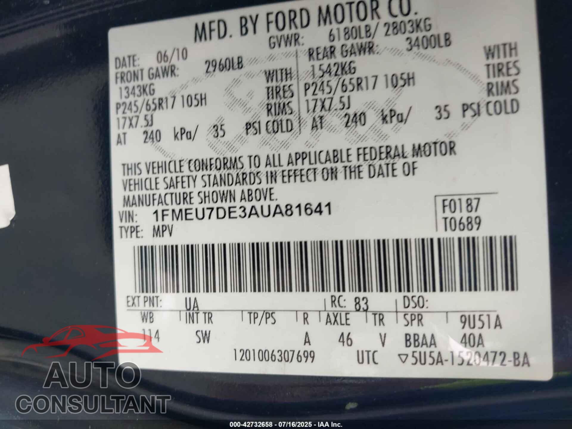 FORD EXPLORER 2010 - 1FMEU7DE3AUA81641