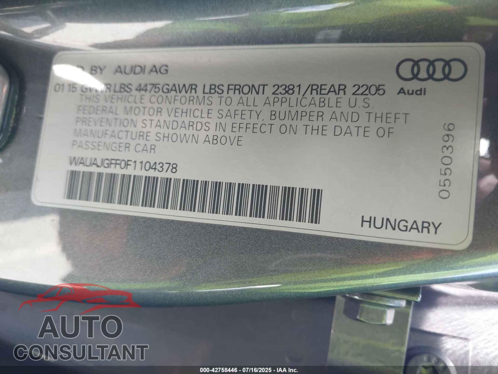 AUDI A3 2015 - WAUAJGFF0F1104378