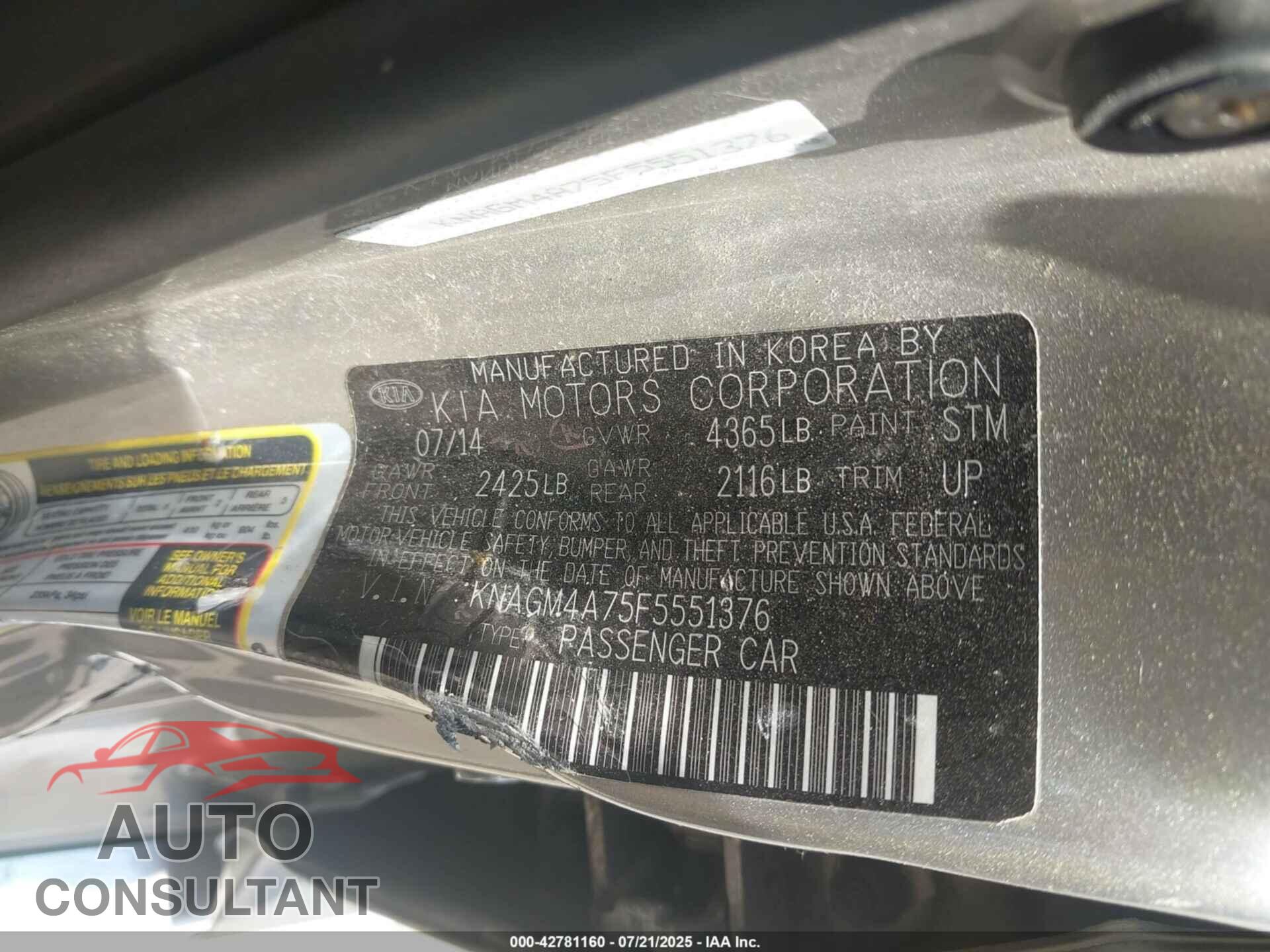 KIA OPTIMA 2015 - KNAGM4A75F5551376