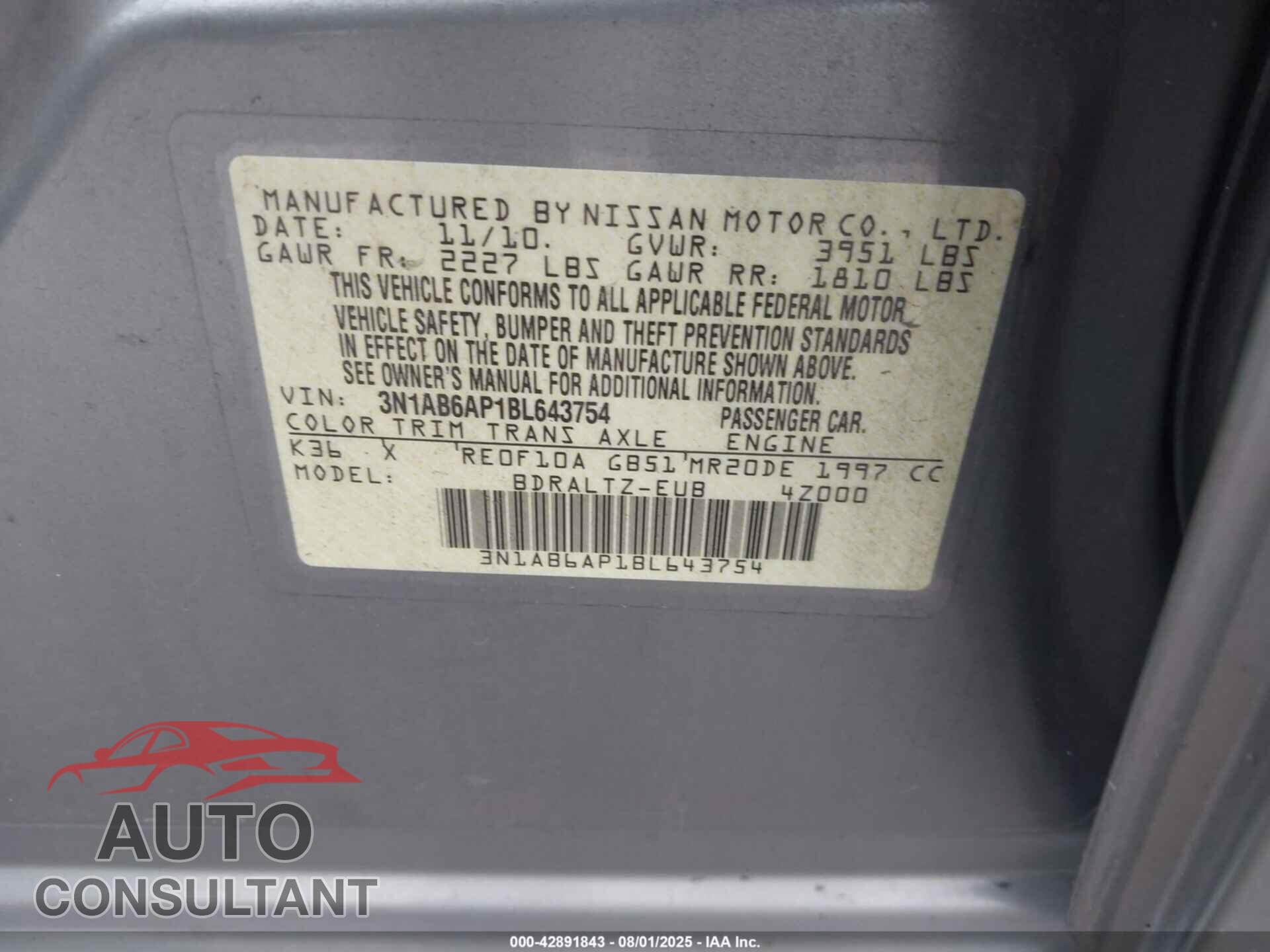 NISSAN SENTRA 2011 - 3N1AB6AP1BL643754
