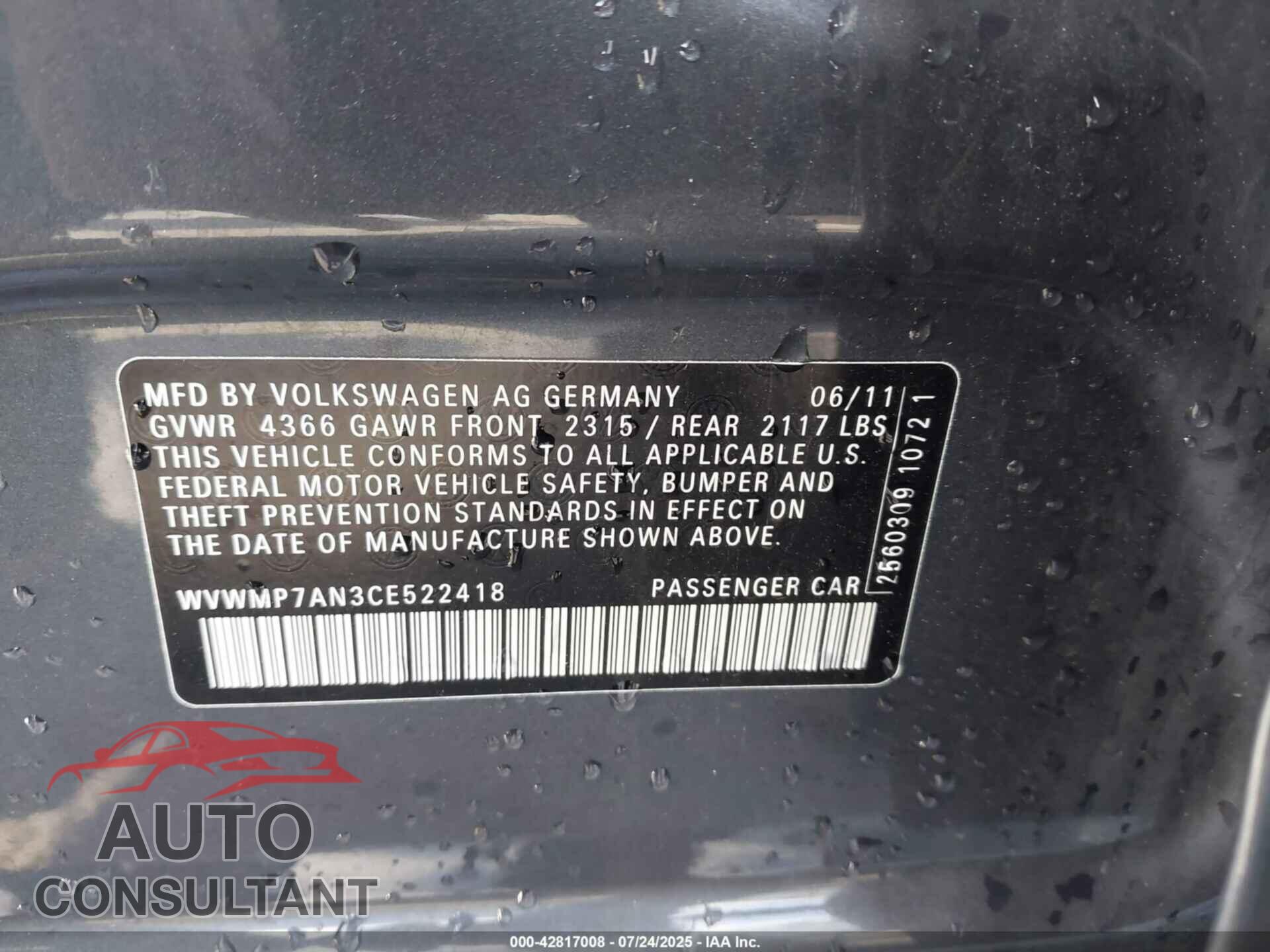 VOLKSWAGEN CC 2012 - WVWMP7AN3CE522418