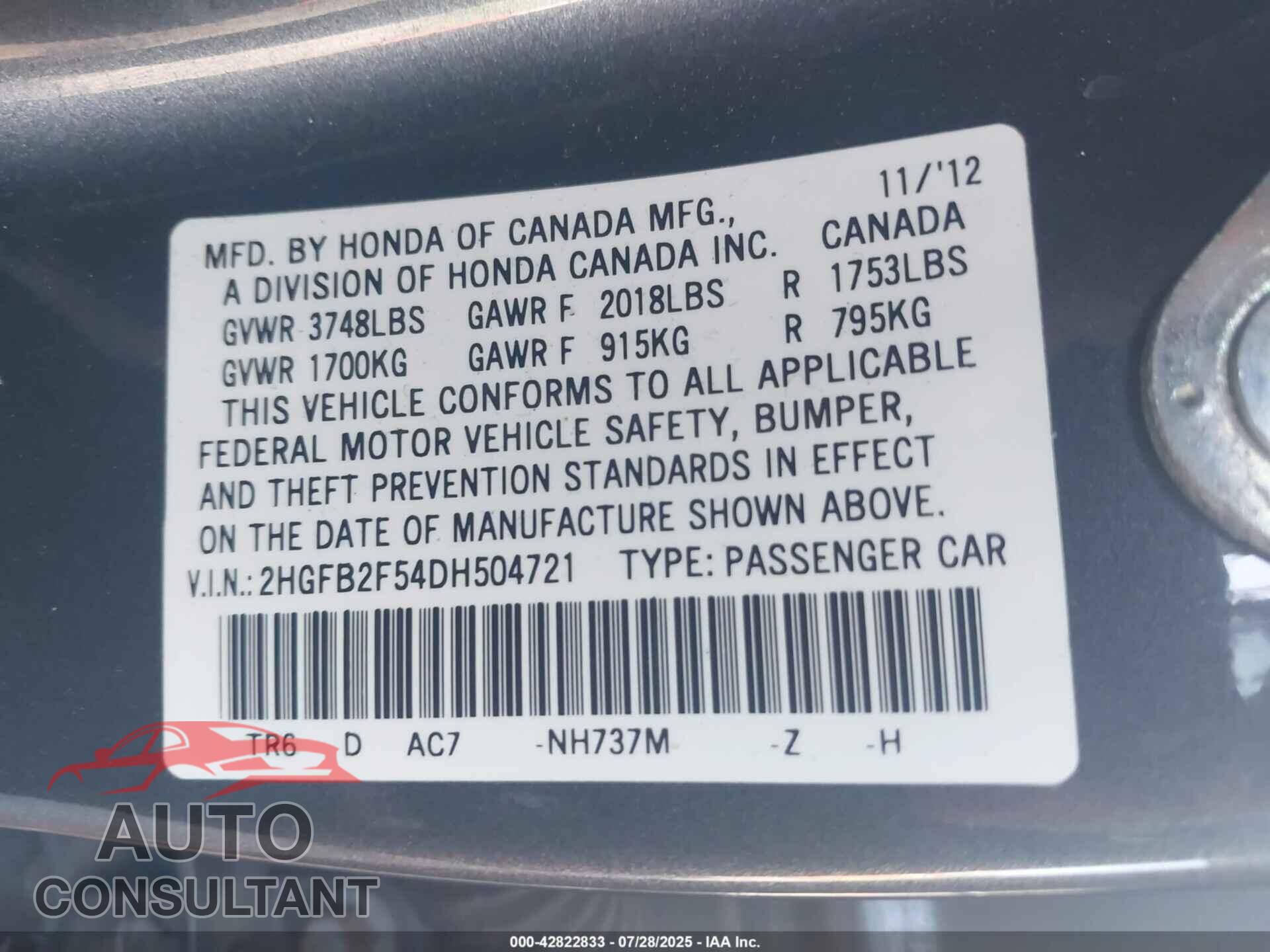HONDA CIVIC 2013 - 2HGFB2F54DH504721