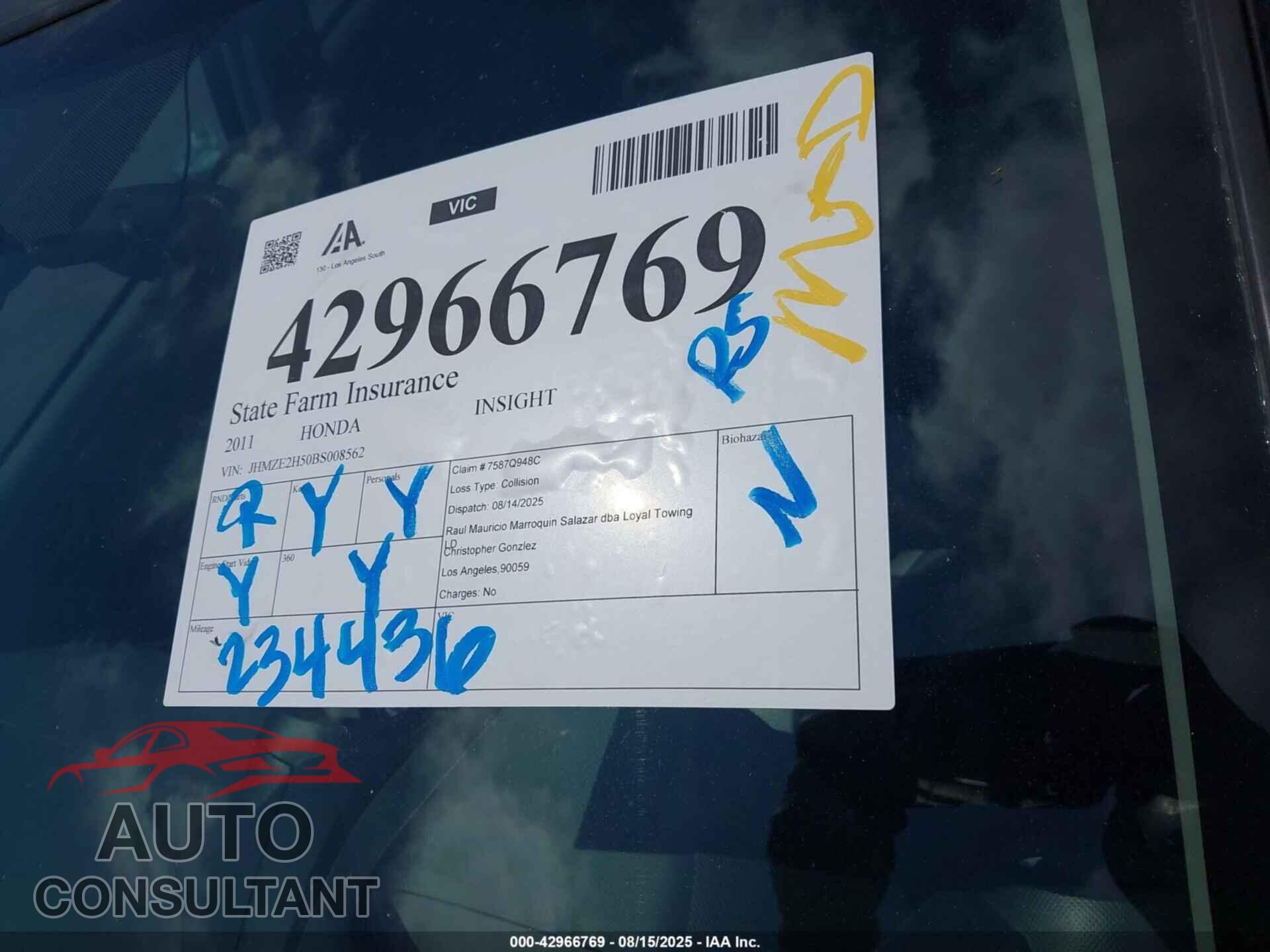 HONDA INSIGHT 2011 - JHMZE2H50BS008562