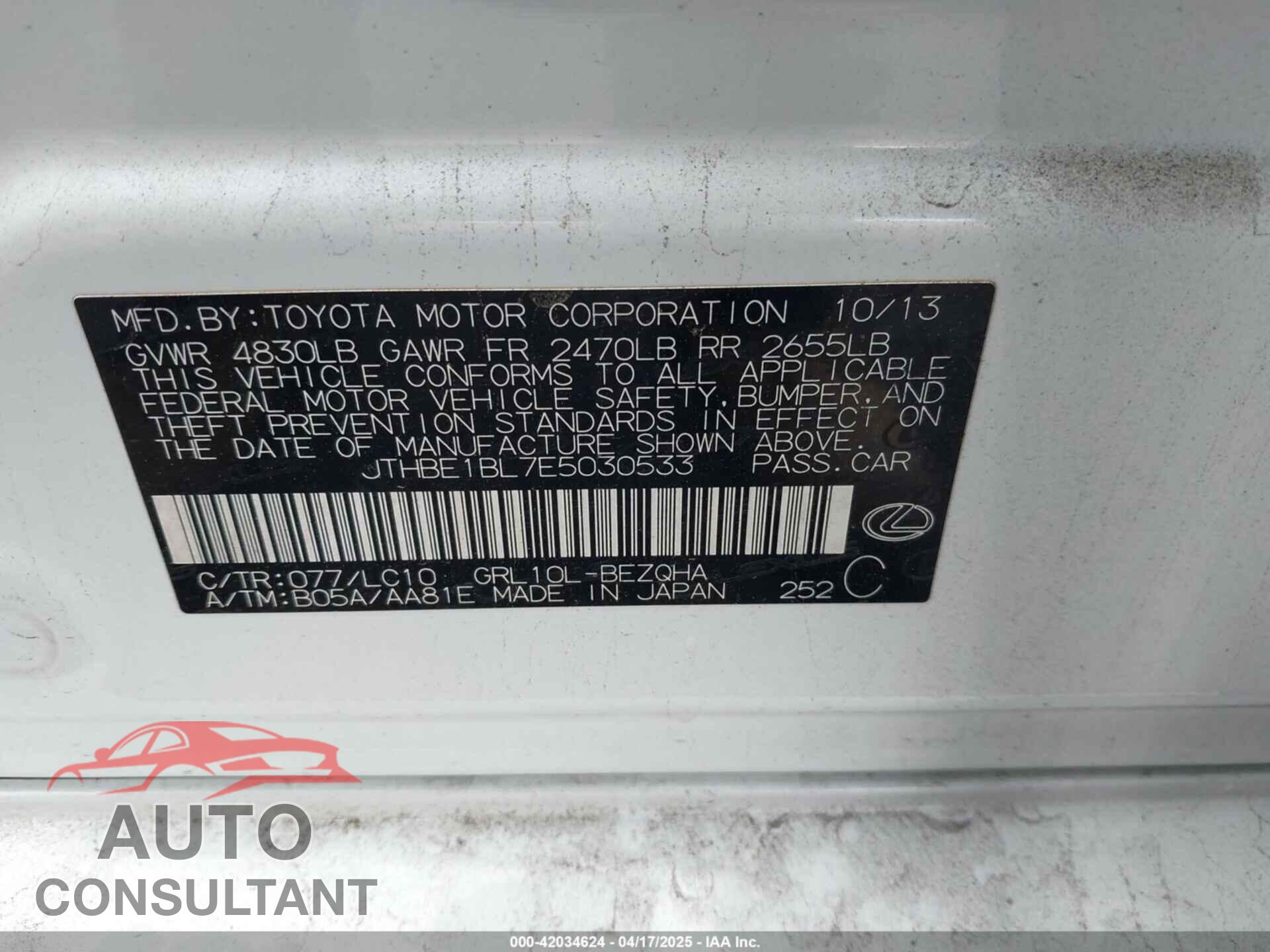 LEXUS GS 350 2014 - JTHBE1BL7E5030533