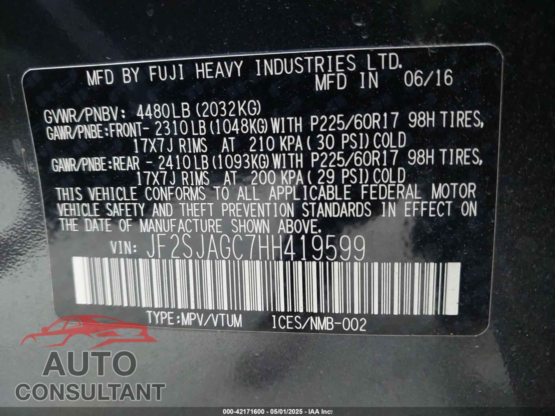 SUBARU FORESTER 2017 - JF2SJAGC7HH419599