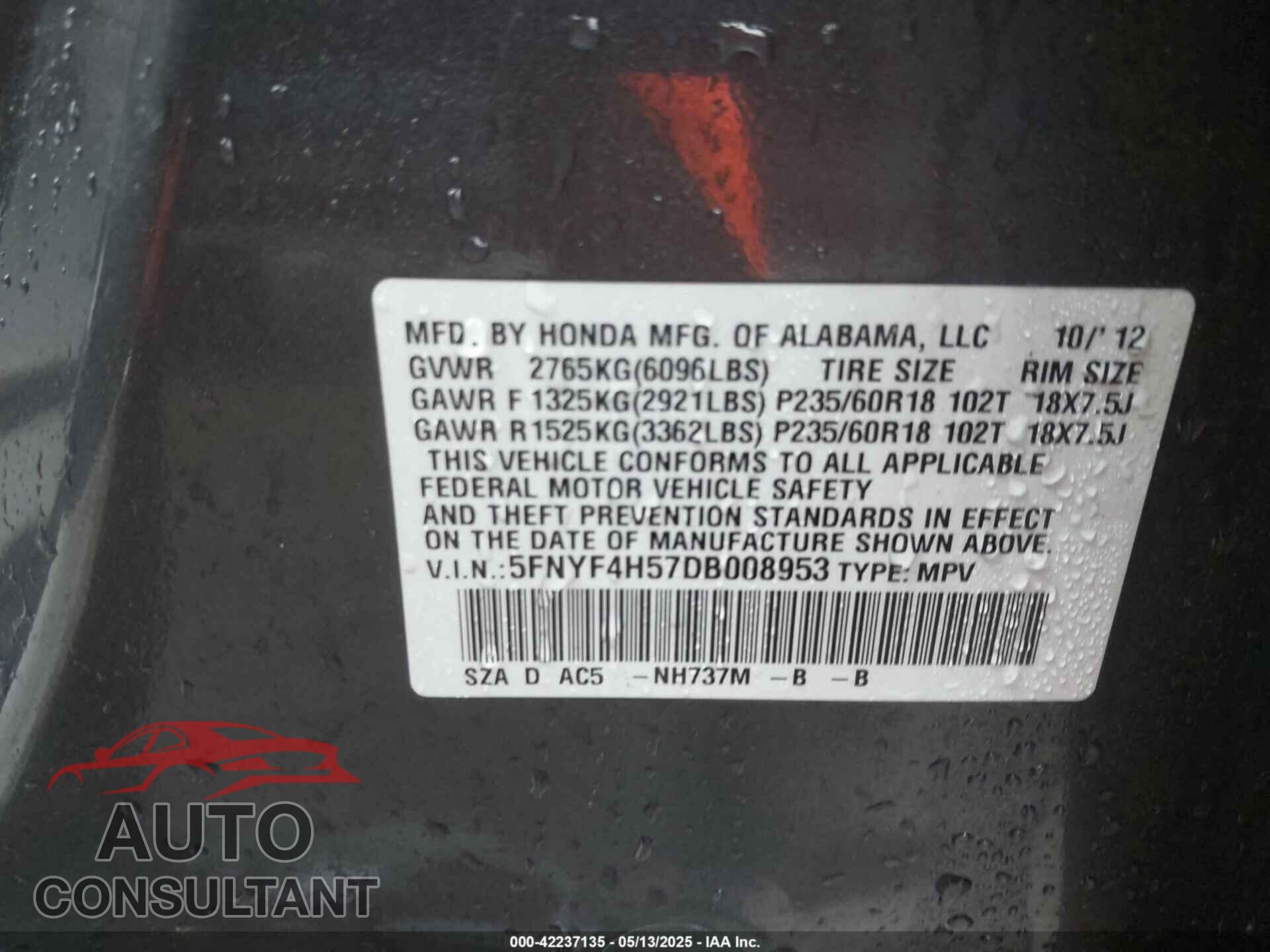 HONDA PILOT 2013 - 5FNYF4H57DB008953