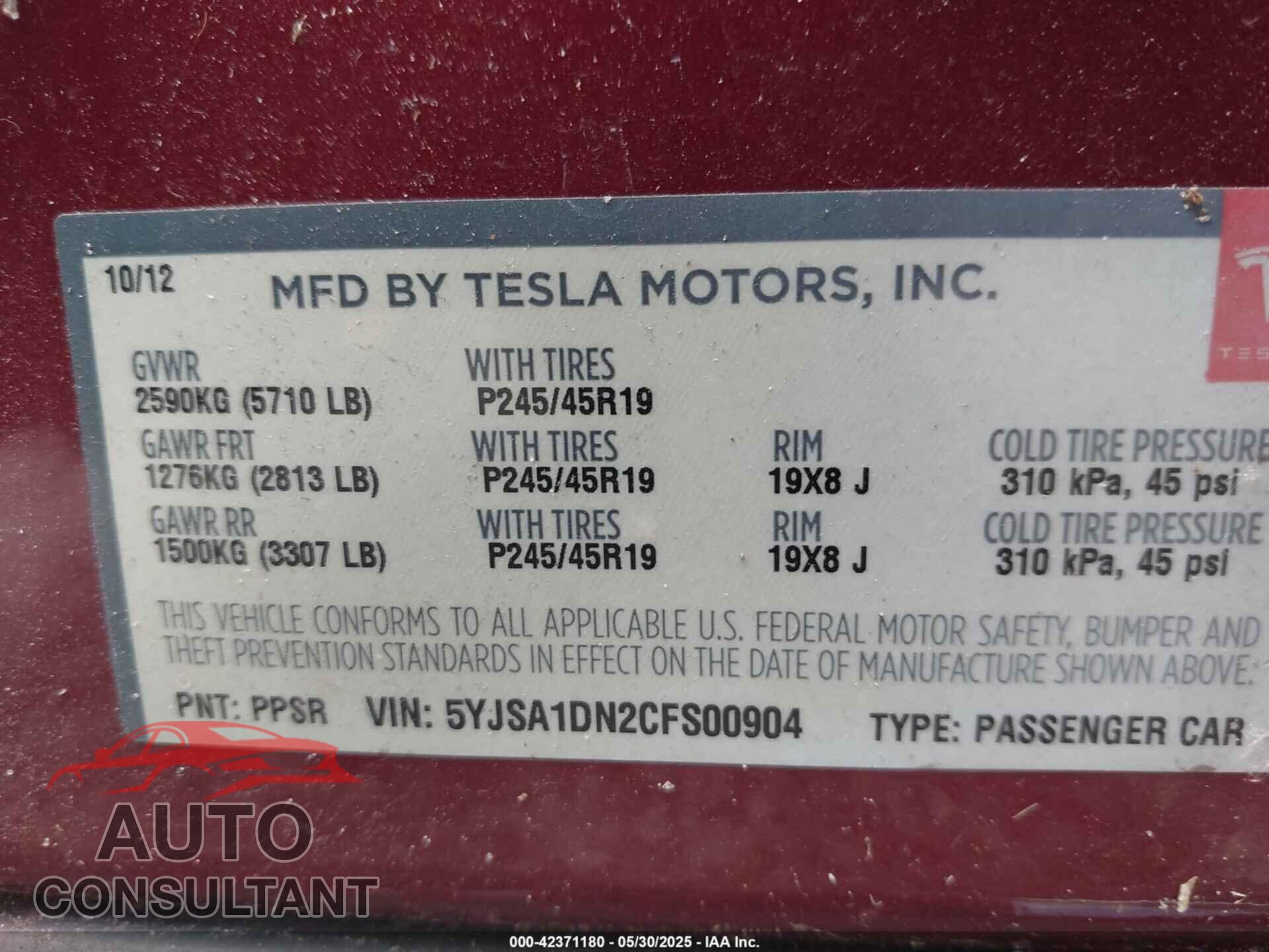 TESLA MODEL S 2012 - 5YJSA1DN2CFS00904