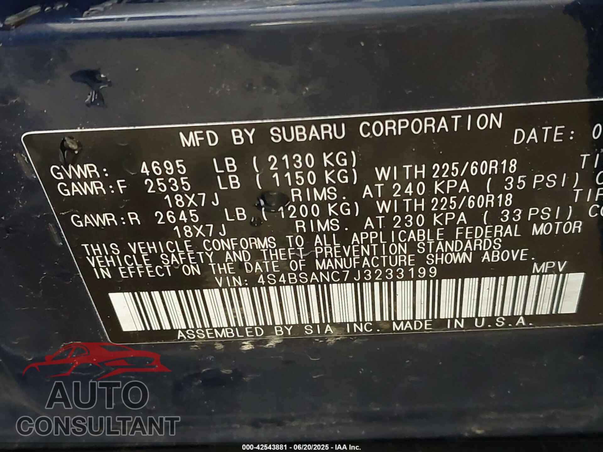 SUBARU OUTBACK 2018 - 4S4BSANC7J3233199