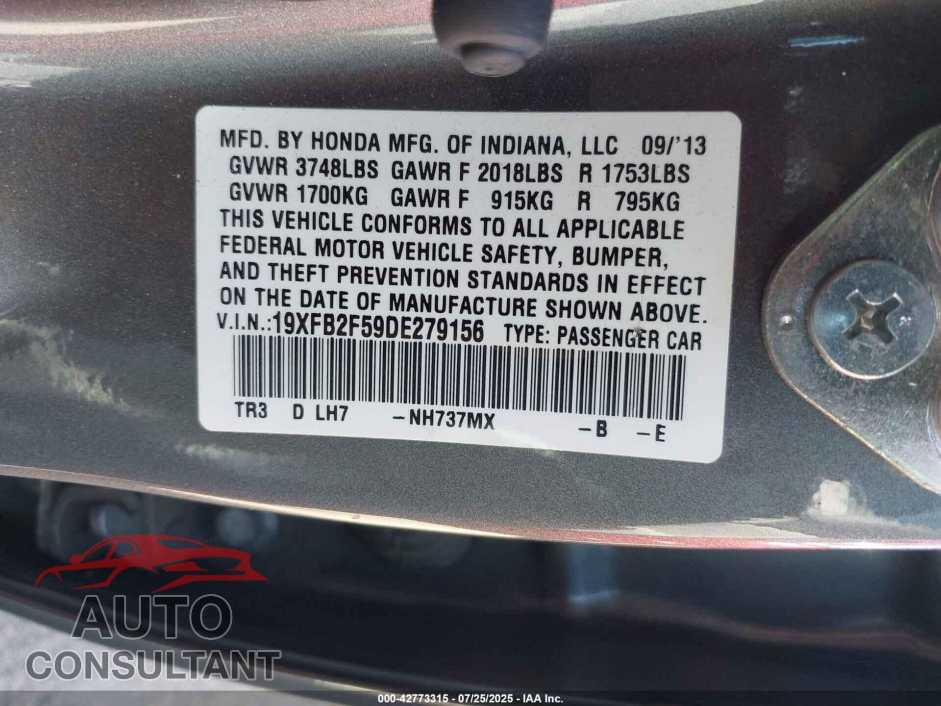 HONDA CIVIC 2013 - 19XFB2F59DE279156
