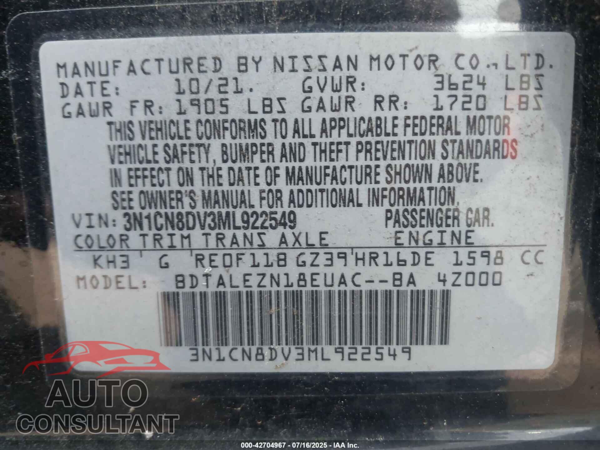 NISSAN VERSA 2021 - 3N1CN8DV3ML922549