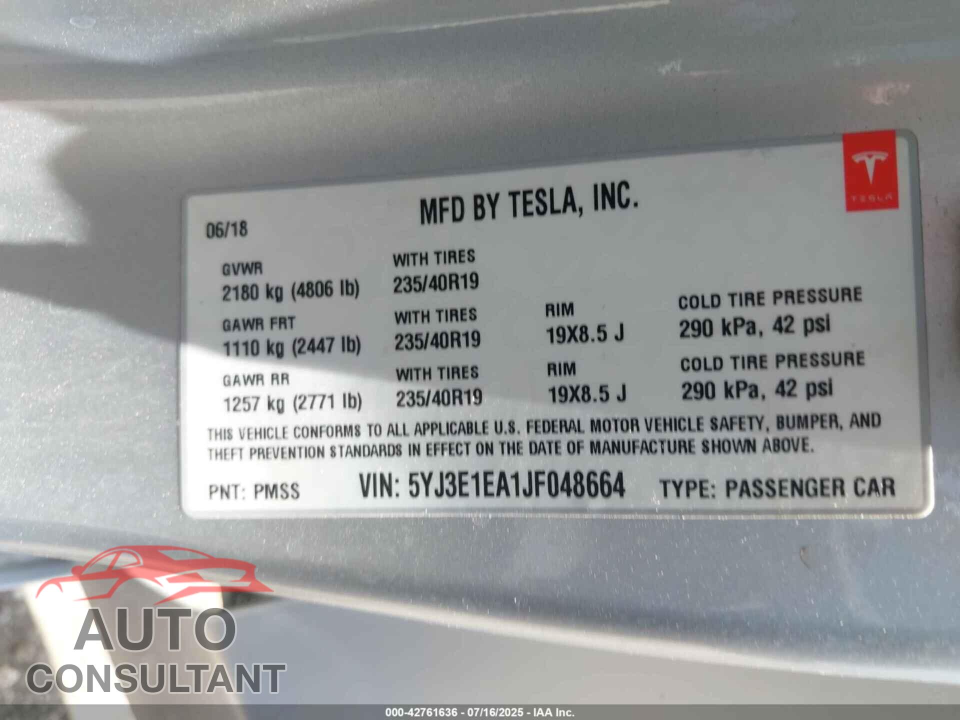 TESLA MODEL 3 2018 - 5YJ3E1EA1JF048664
