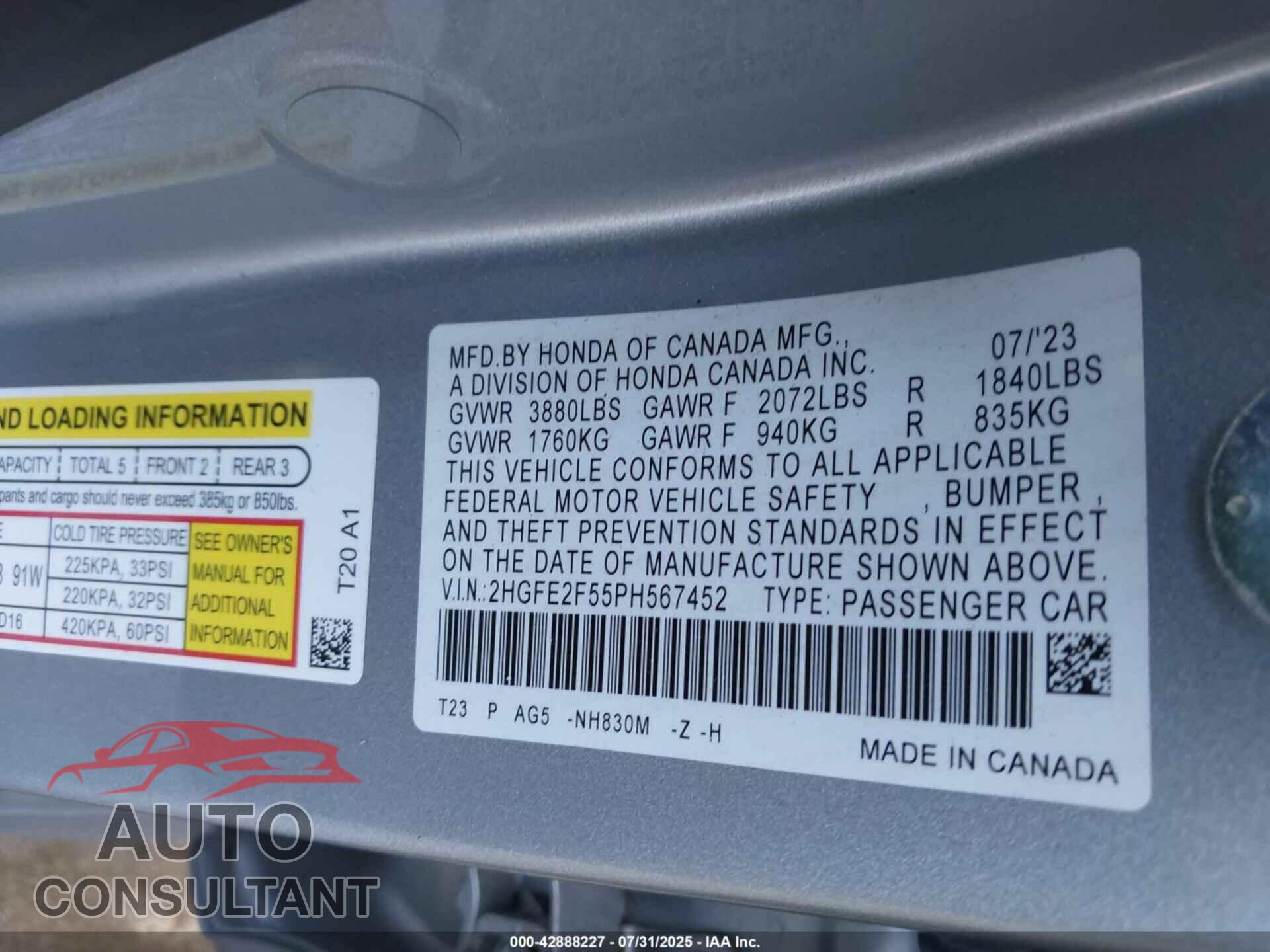 HONDA CIVIC 2023 - 2HGFE2F55PH567452