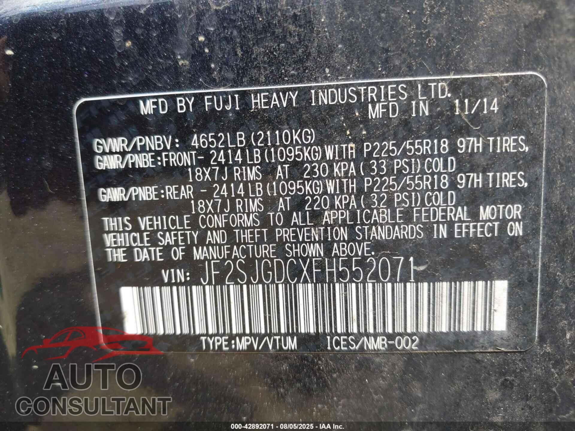 SUBARU FORESTER 2015 - JF2SJGDCXFH552071