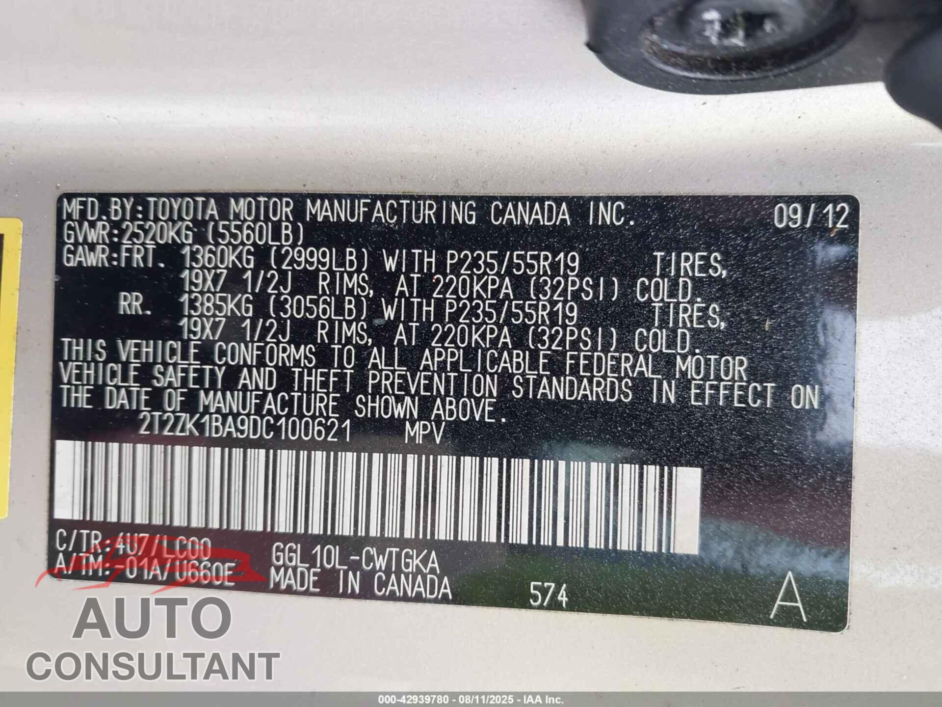 LEXUS RX 350 2013 - 2T2ZK1BA9DC100621