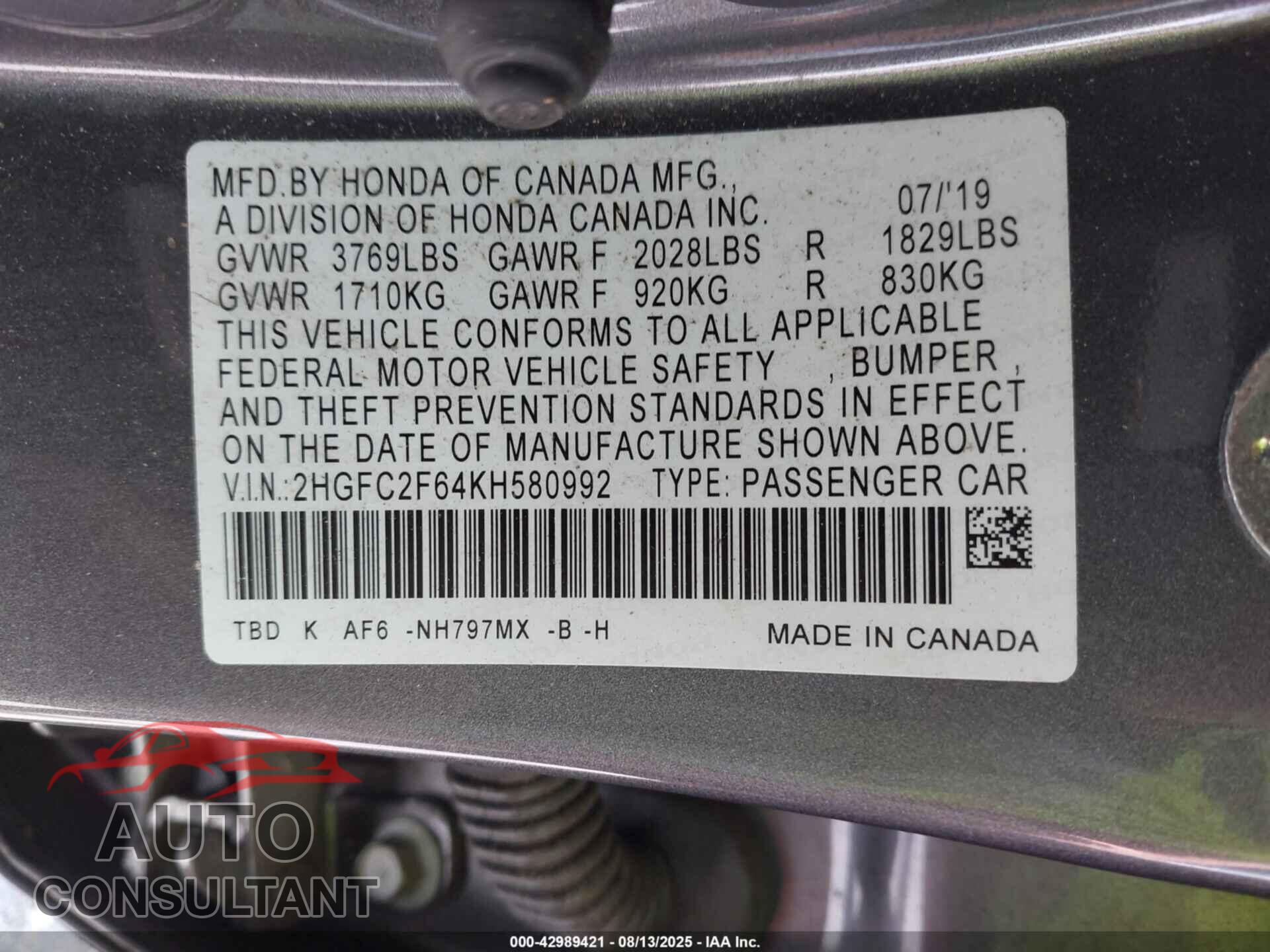 HONDA CIVIC 2019 - 2HGFC2F64KH580992