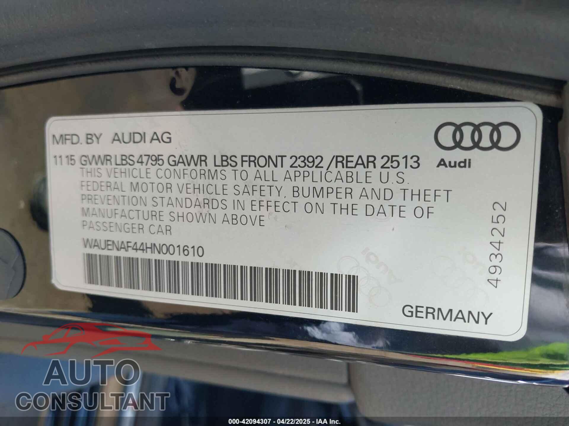 AUDI A4 2017 - WAUENAF44HN001610