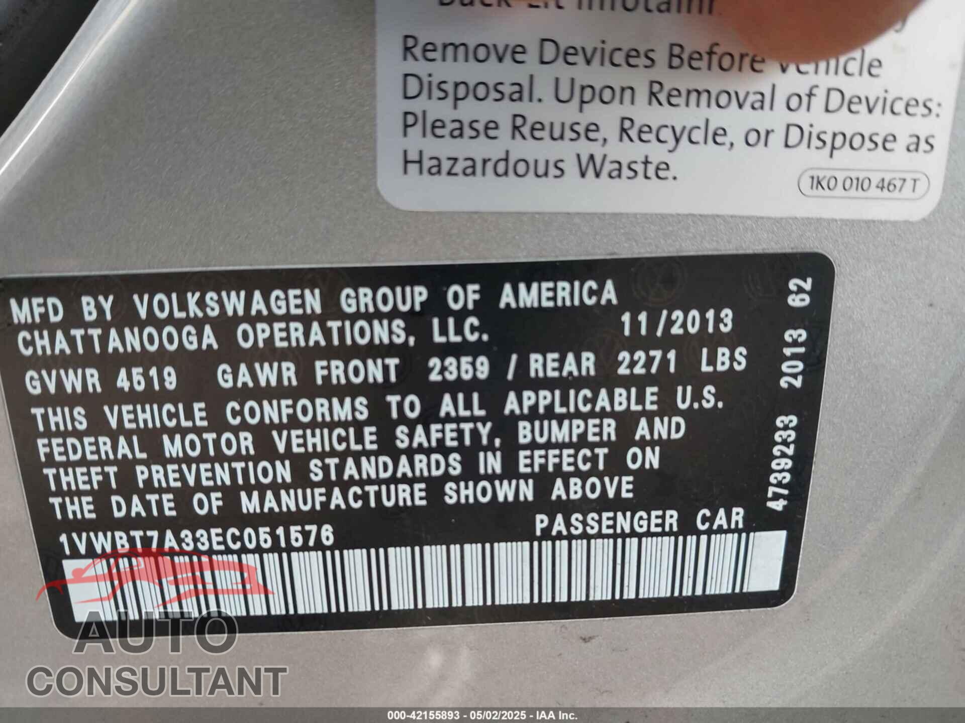 VOLKSWAGEN PASSAT 2014 - 1VWBT7A33EC051576
