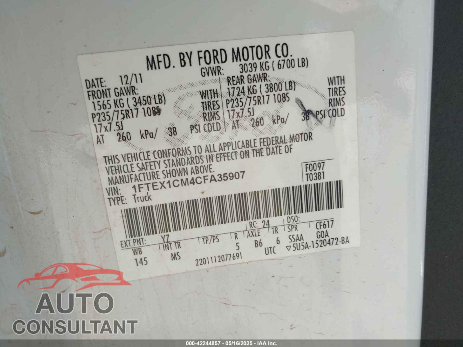 FORD F-150 2012 - 1FTEX1CM4CFA35907