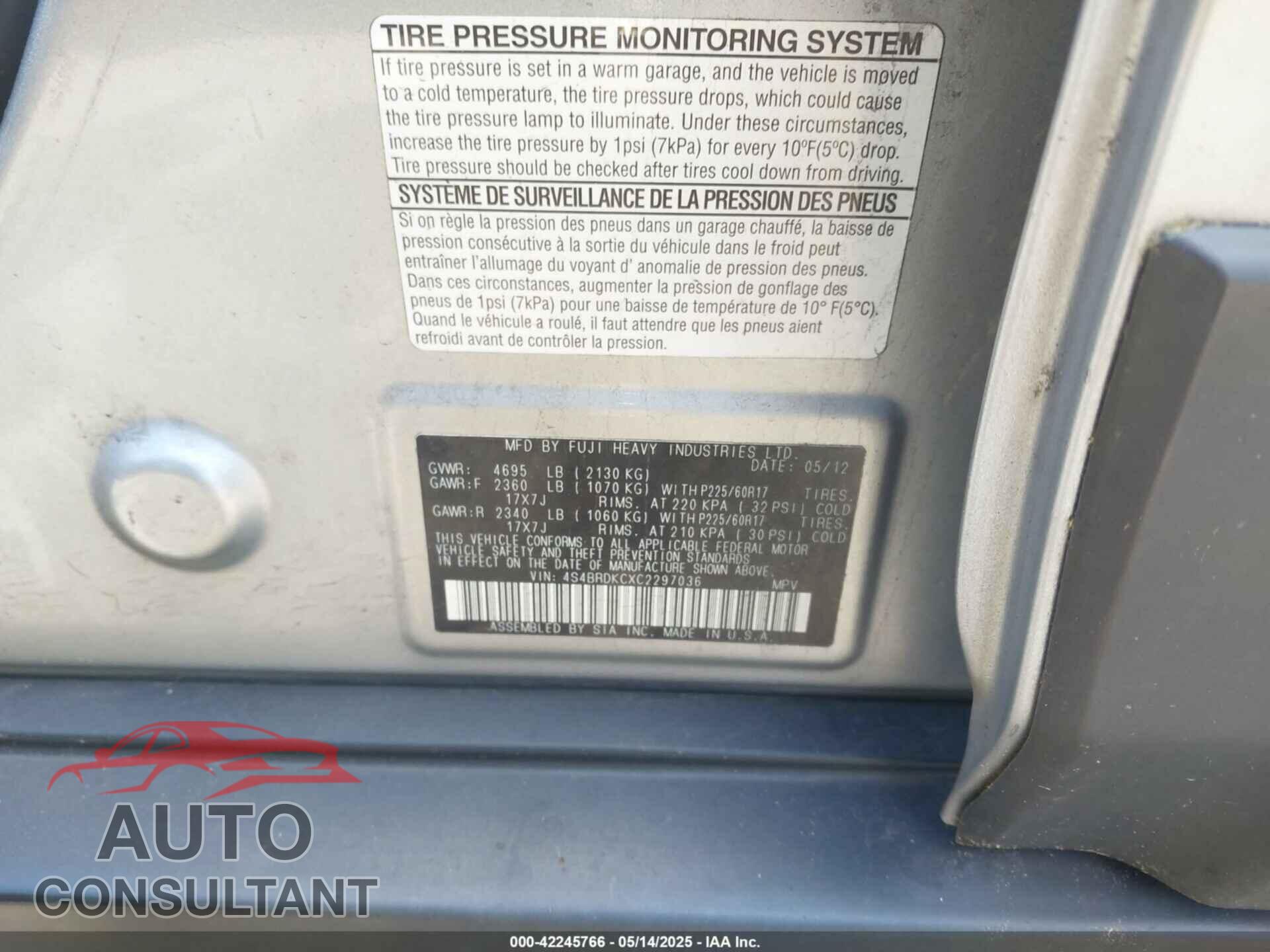 SUBARU OUTBACK 2012 - 4S4BRDKCXC2297036