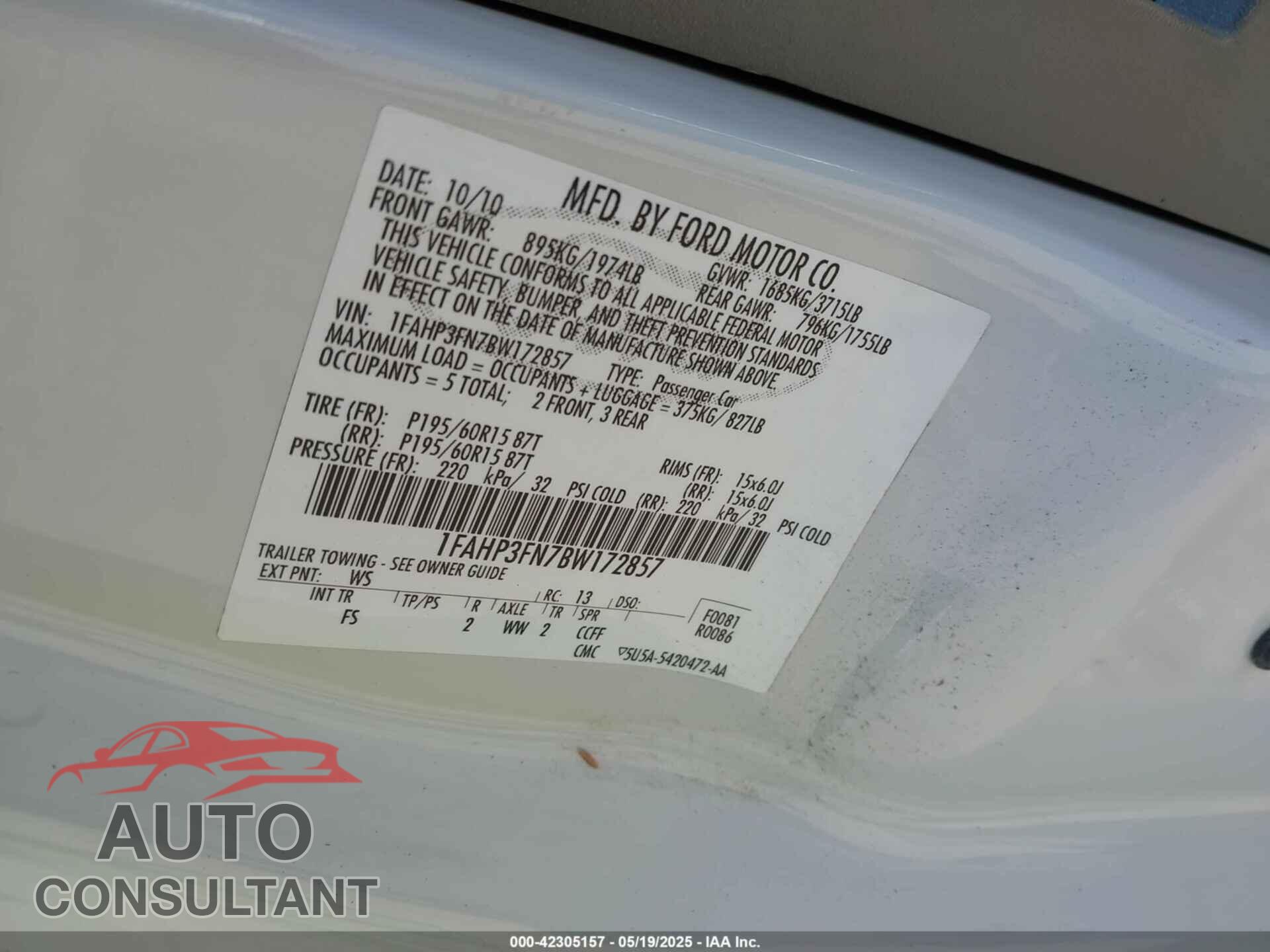 FORD FOCUS 2011 - 1FAHP3FN7BW172857
